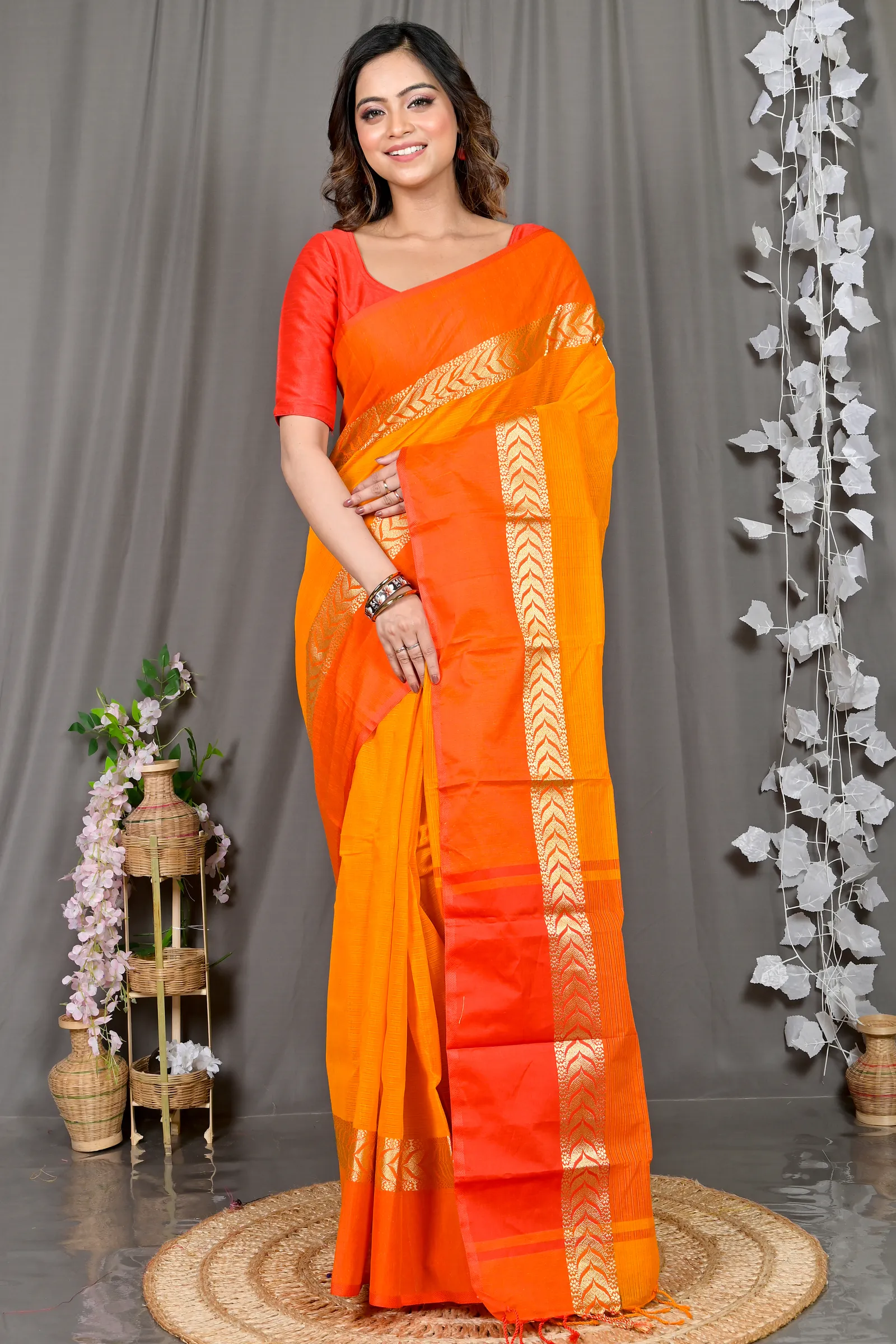 DipDiya Pure Cotton Orange Red Parvin Woven with Love Tant Sarees