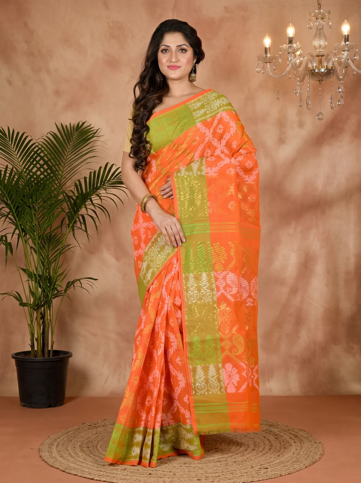 DipDiya Pure Cotton Orange Semata Handloom Heritage Tant Sarees