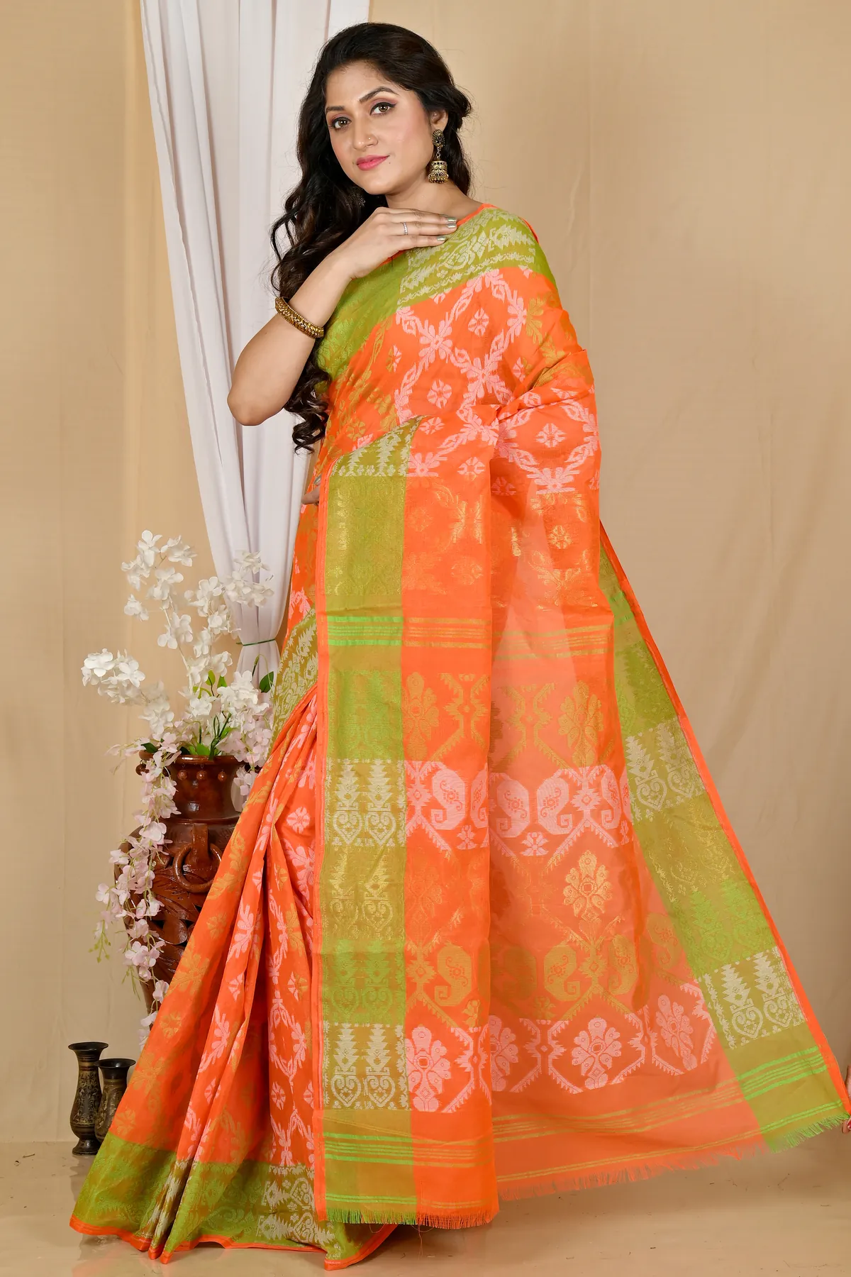 DipDiya Pure Cotton Orange Semata Handloom Heritage Tant Sarees