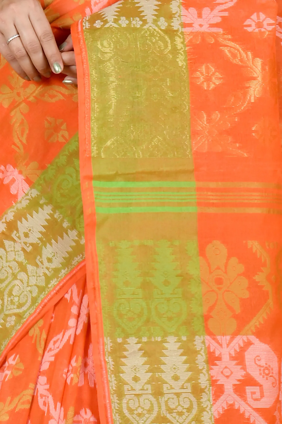 DipDiya Pure Cotton Orange Semata Handloom Heritage Tant Sarees