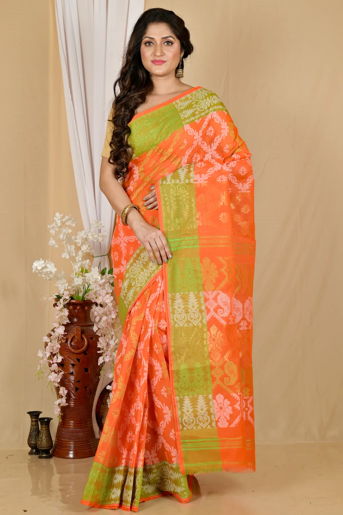 DipDiya Pure Cotton Orange Semata Handloom Heritage Tant Sarees