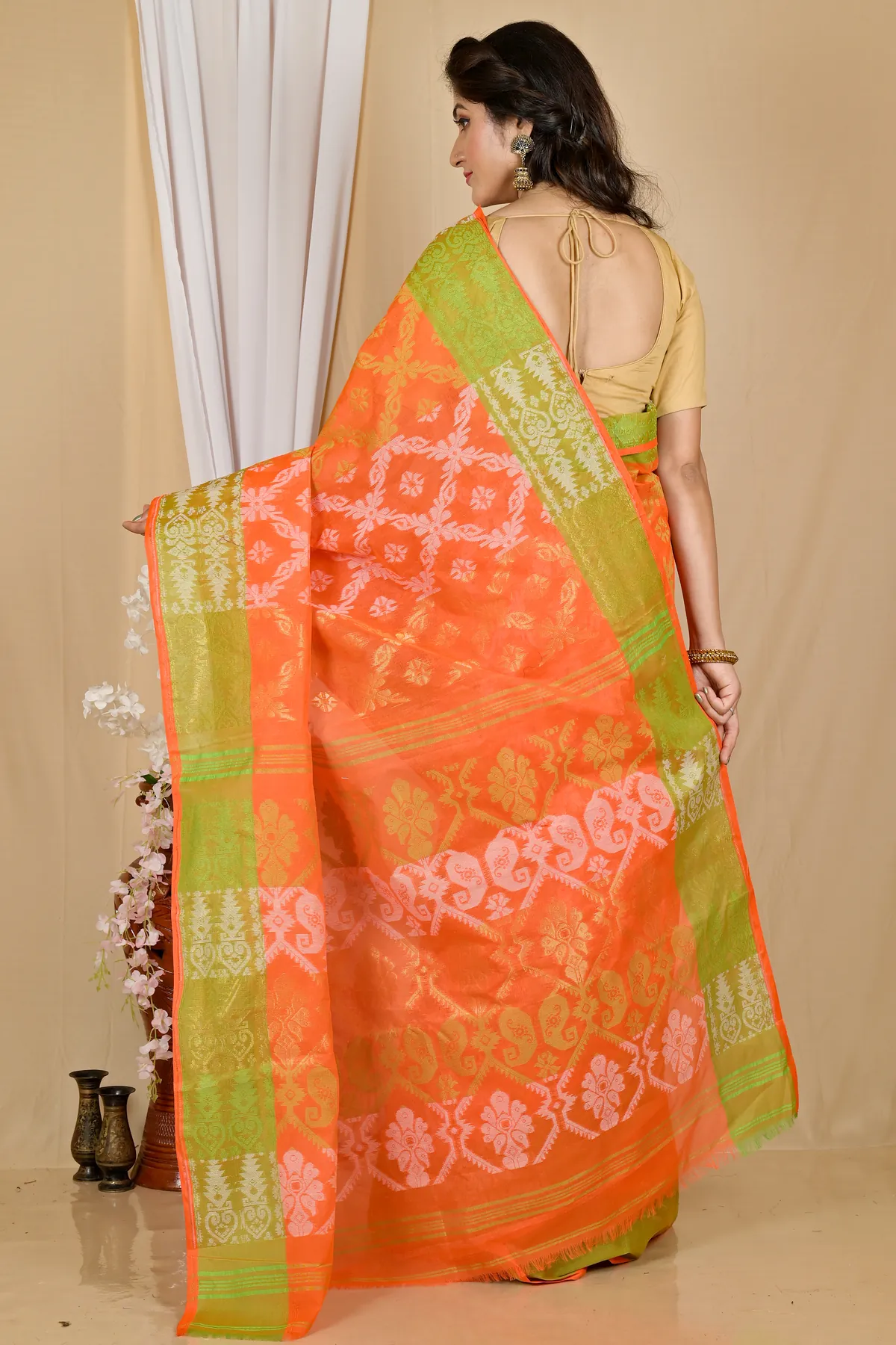 DipDiya Pure Cotton Orange Semata Handloom Heritage Tant Sarees
