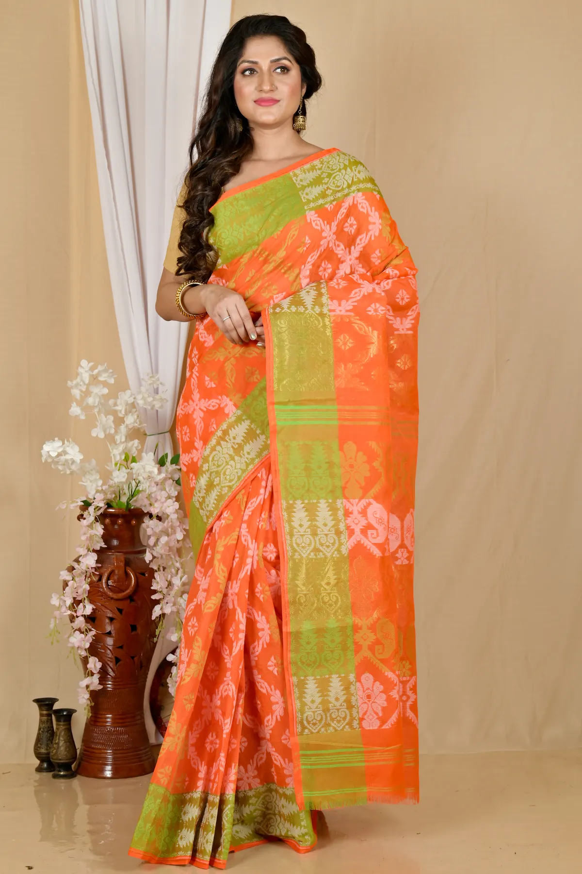 DipDiya Pure Cotton Orange Semata Handloom Heritage Tant Sarees