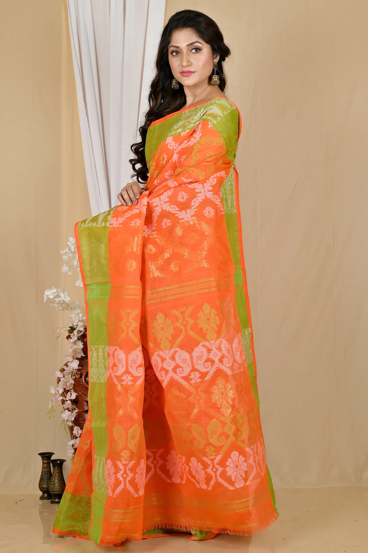 DipDiya Pure Cotton Orange Semata Handloom Heritage Tant Sarees