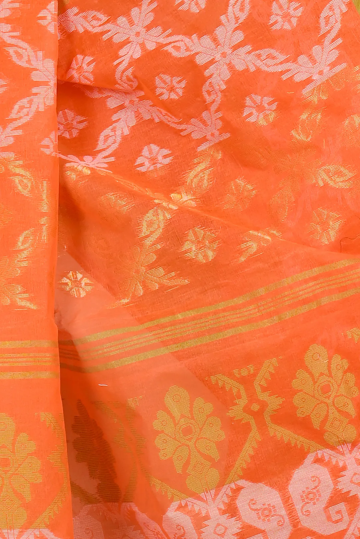 DipDiya Pure Cotton Orange Semata Handloom Heritage Tant Sarees