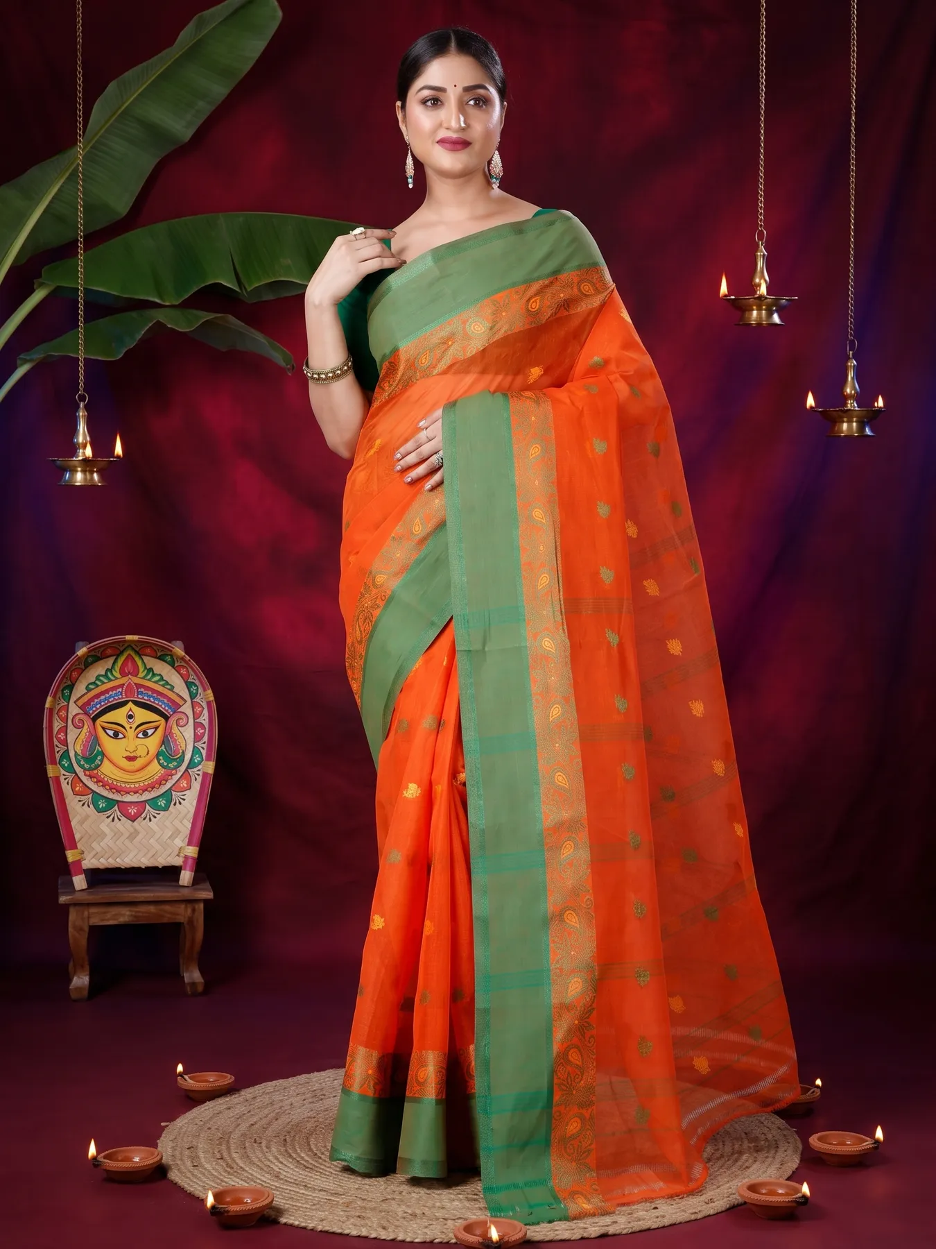 DipDiya Pure Cotton Orange Srimati Woven with Love Tant Sarees