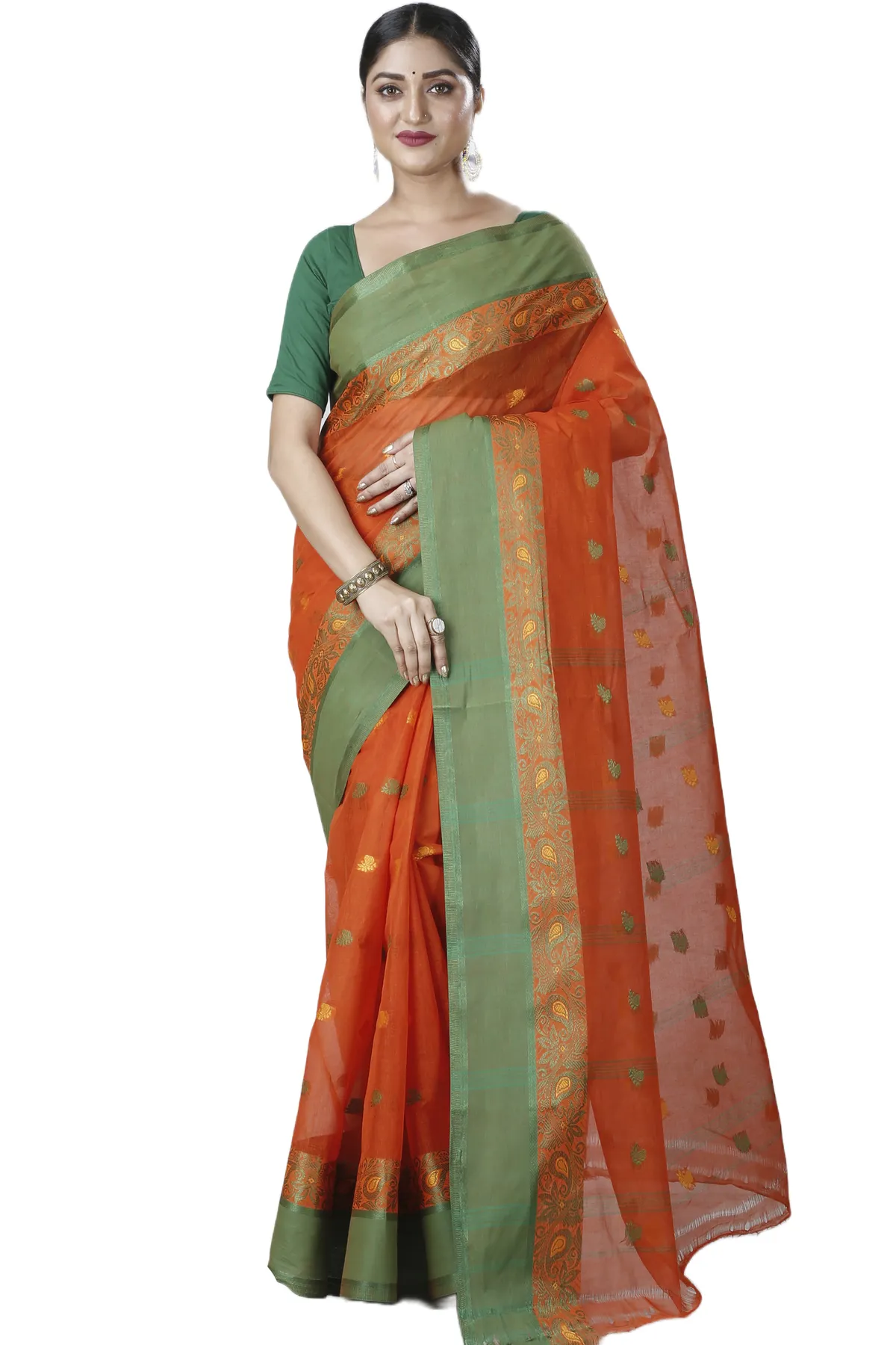 DipDiya Pure Cotton Orange Srimati Woven with Love Tant Sarees
