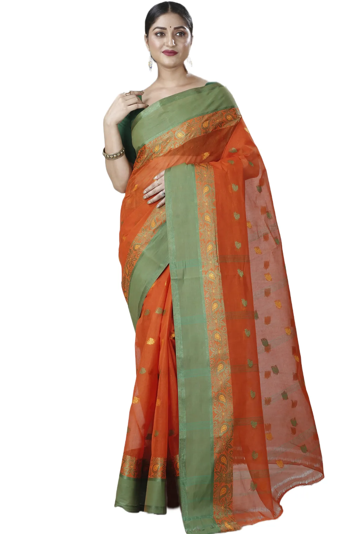 DipDiya Pure Cotton Orange Srimati Woven with Love Tant Sarees