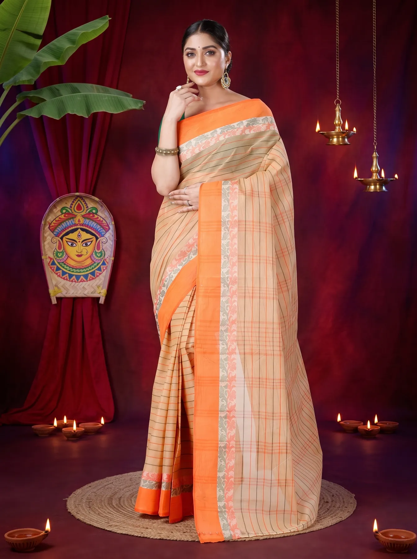 DipDiya Pure Cotton Orange Subha Traditional Elegance Tant Sarees