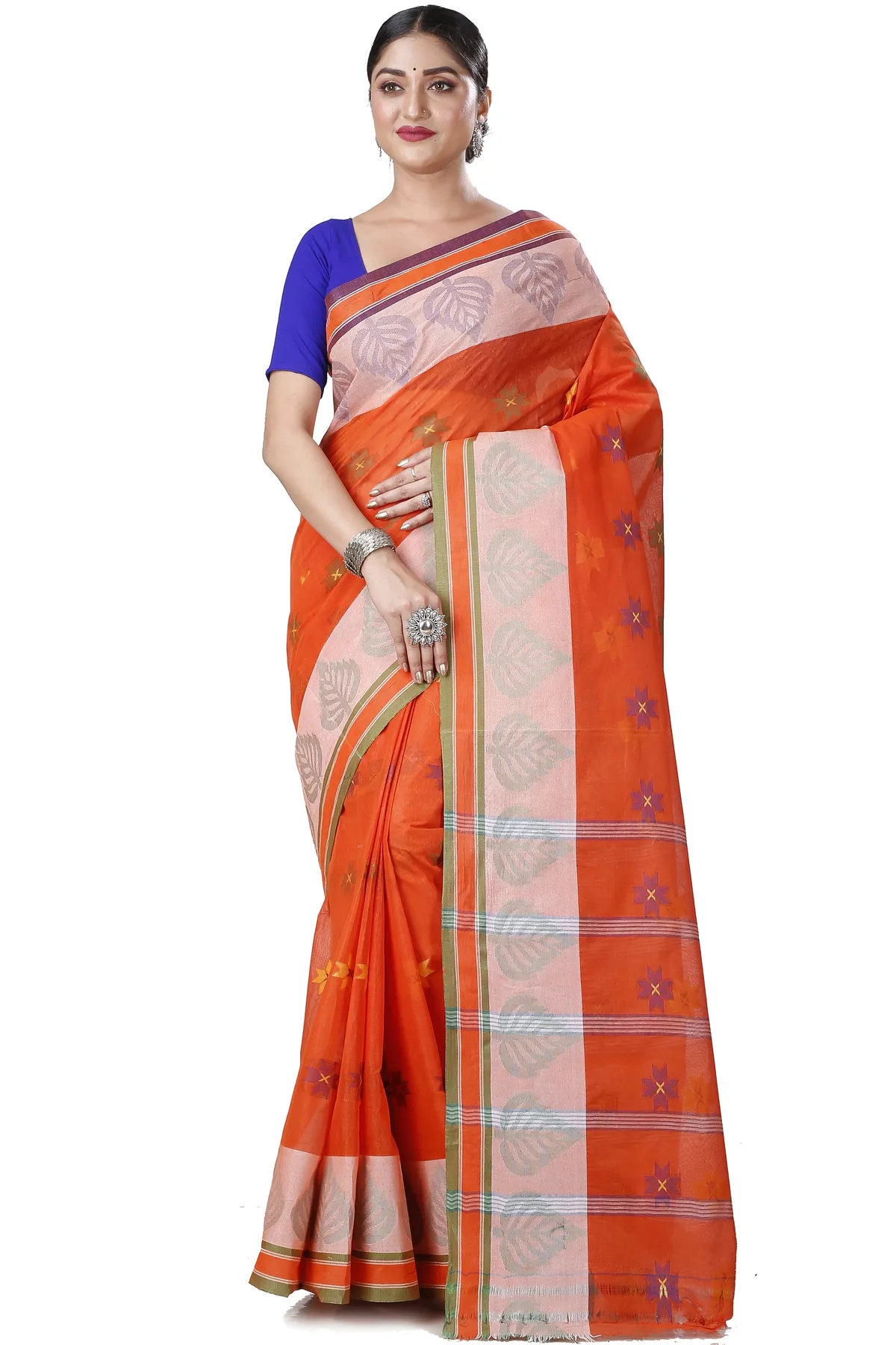 DipDiya Pure Cotton Orange Subhangi Traditional Bengali Tant Sarees