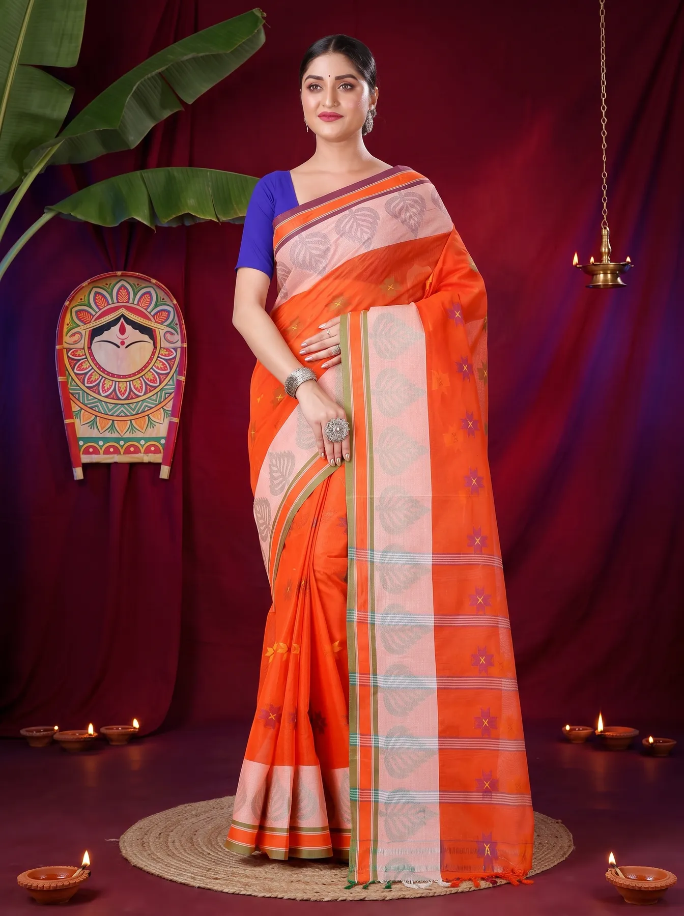 DipDiya Pure Cotton Orange Subhangi Traditional Bengali Tant Sarees