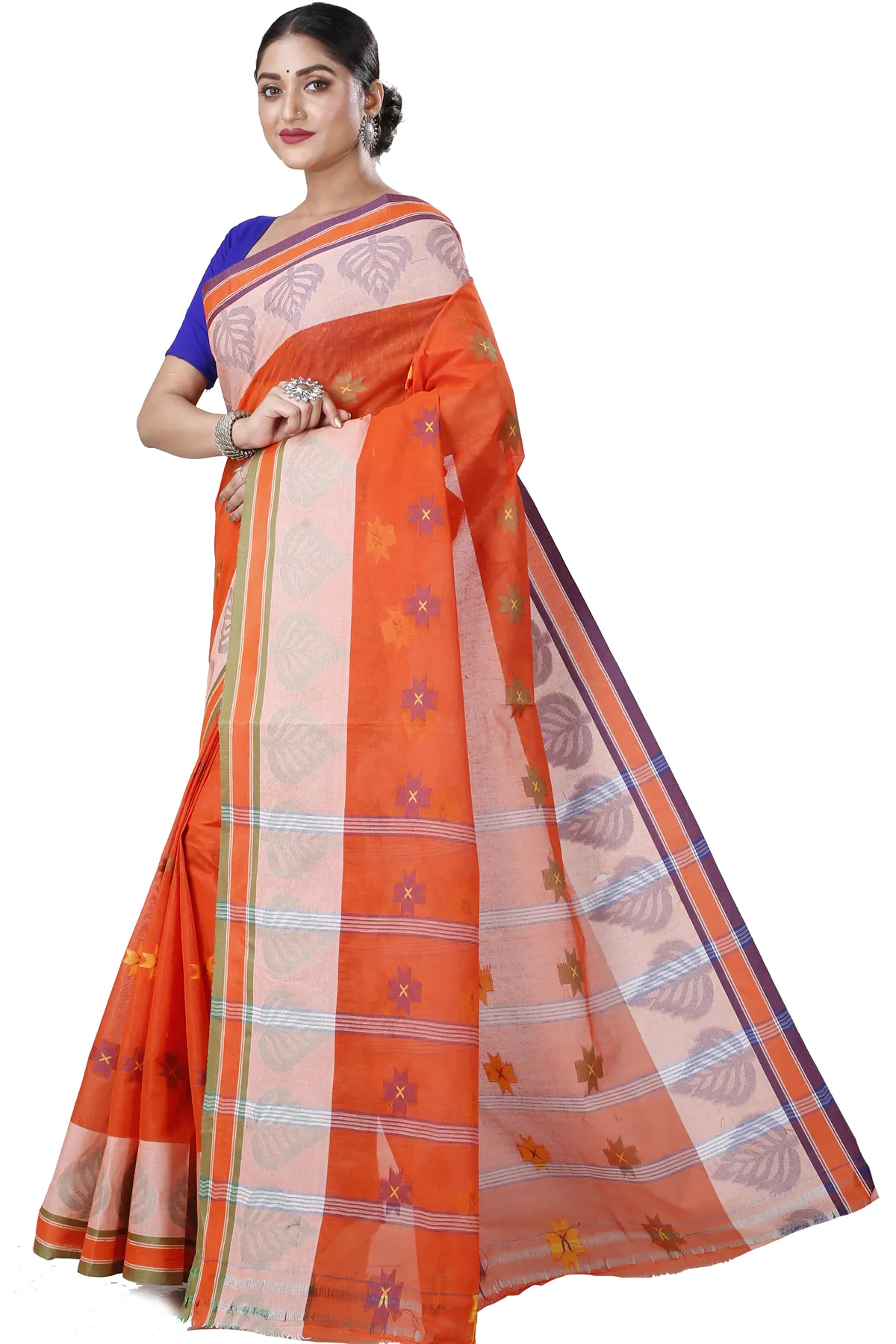 DipDiya Pure Cotton Orange Subhangi Traditional Bengali Tant Sarees