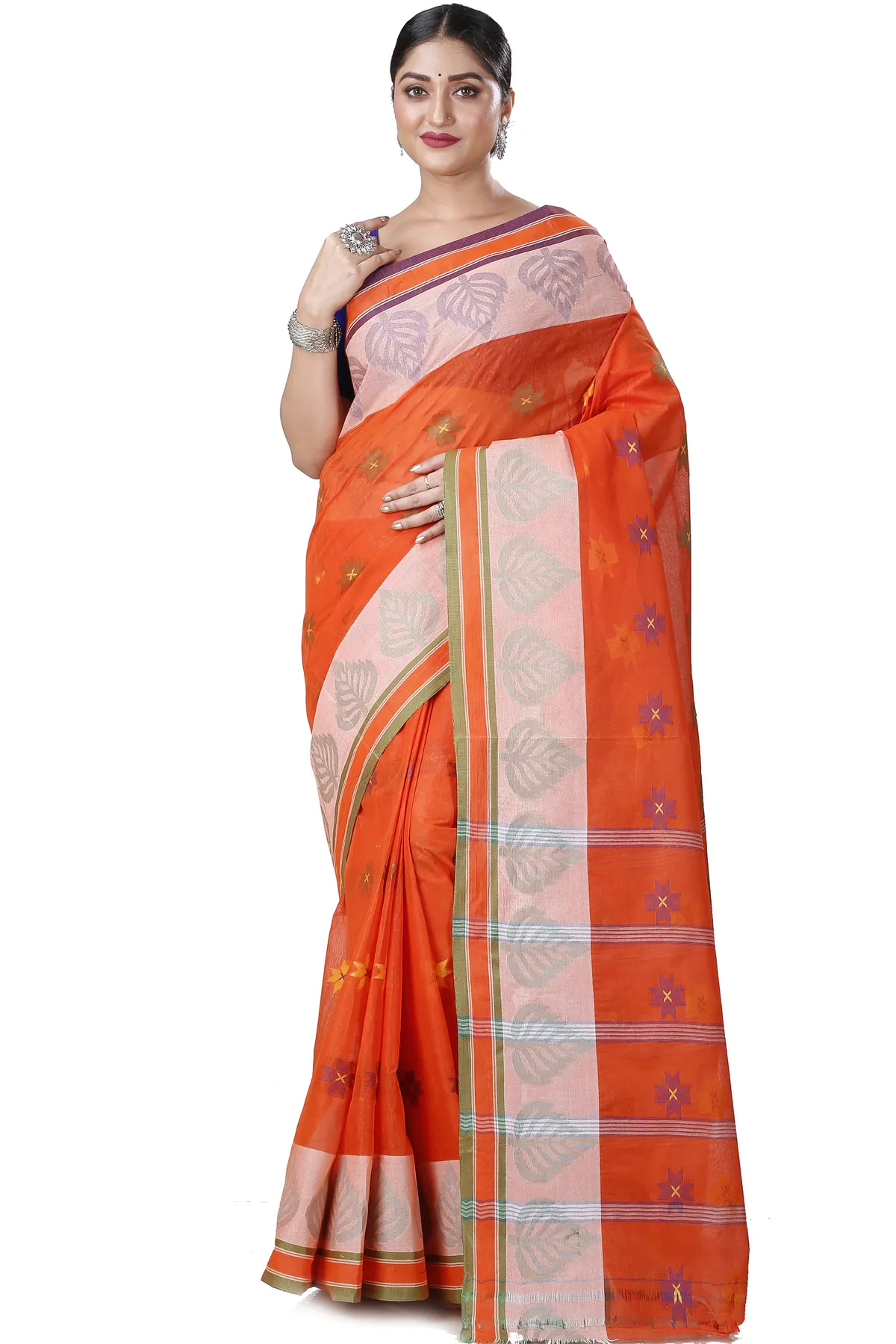 DipDiya Pure Cotton Orange Subhangi Traditional Bengali Tant Sarees