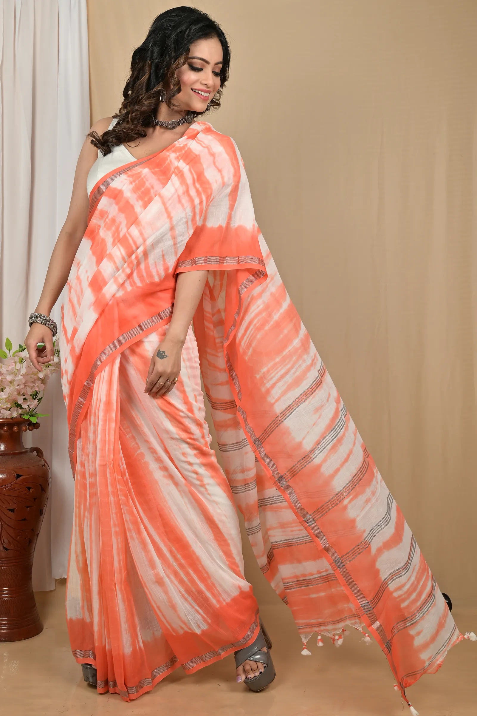 DipDiya Pure Cotton Orange White Achmol Crafted with Soul Badhni Dye Sarees