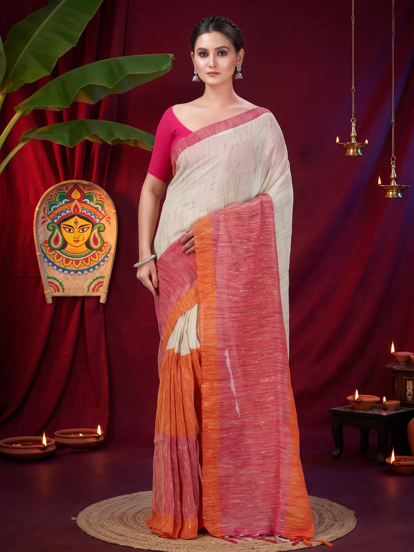 DipDiya Pure Cotton Orange White Kusu A Legacy Woven Handloom Sarees