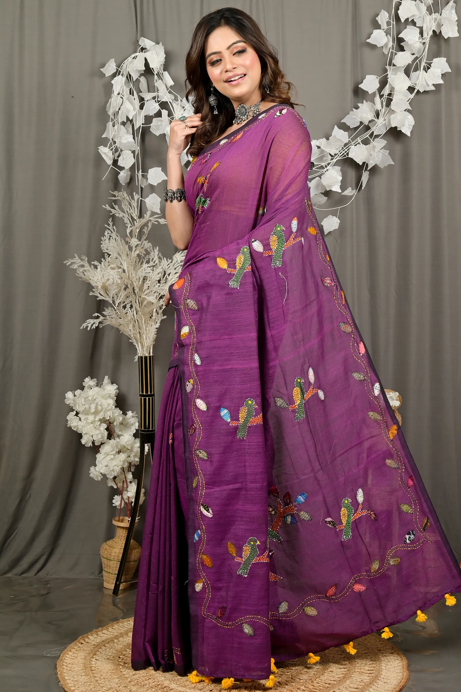 DipDiya Pure Cotton Orchid Purple Pakhi Heritage Elegance Kantha Stitch Sarees