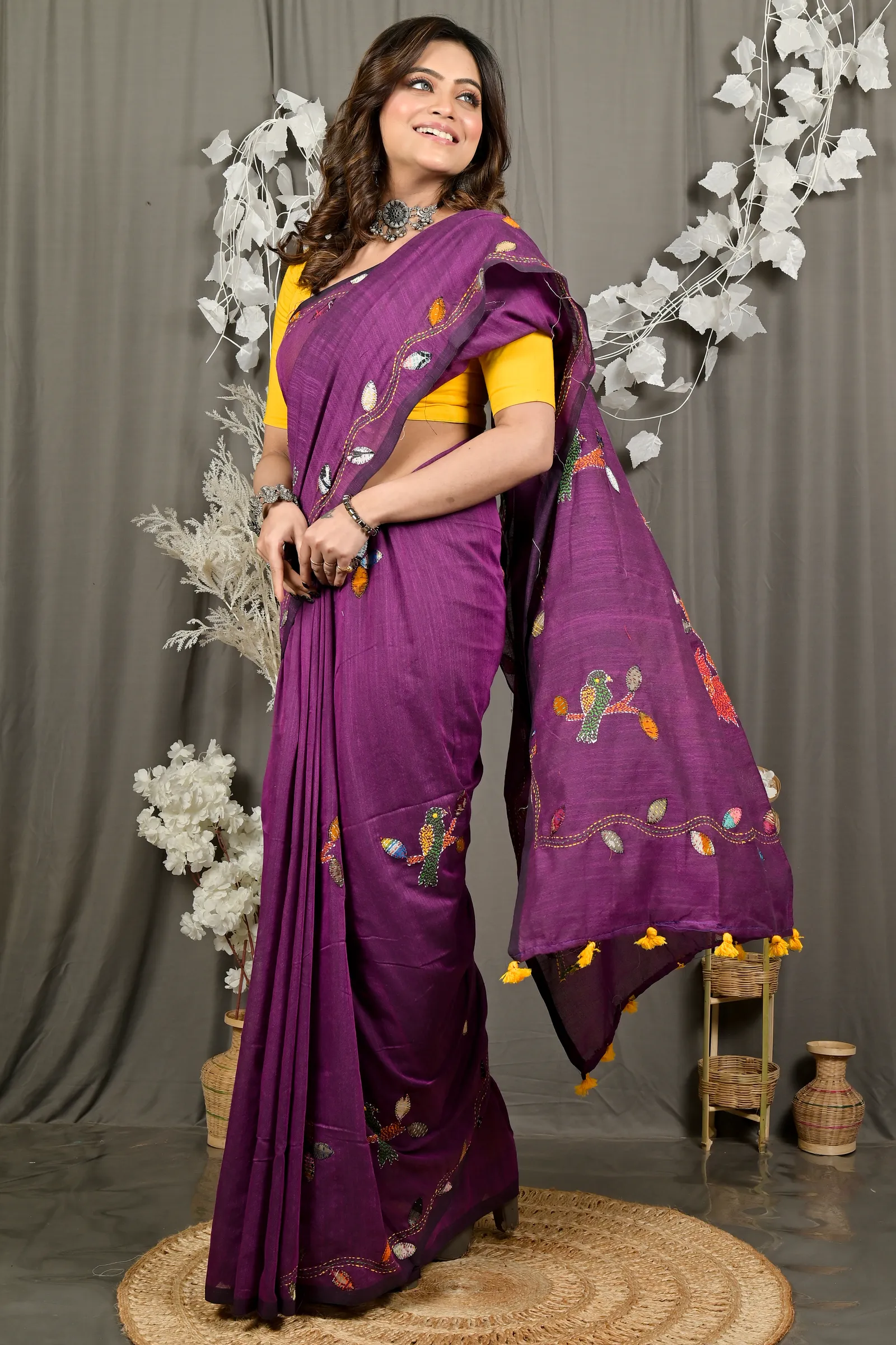 DipDiya Pure Cotton Orchid Purple Pakhi Heritage Elegance Kantha Stitch Sarees