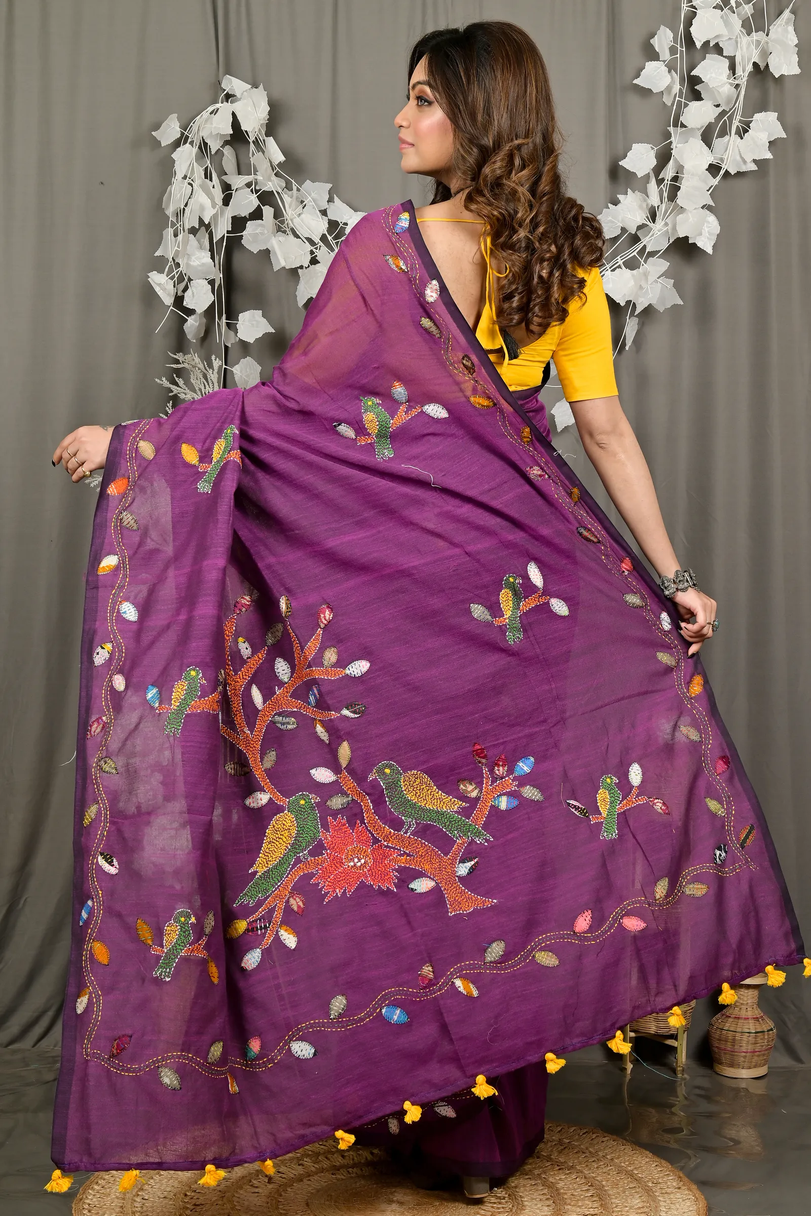 DipDiya Pure Cotton Orchid Purple Pakhi Heritage Elegance Kantha Stitch Sarees