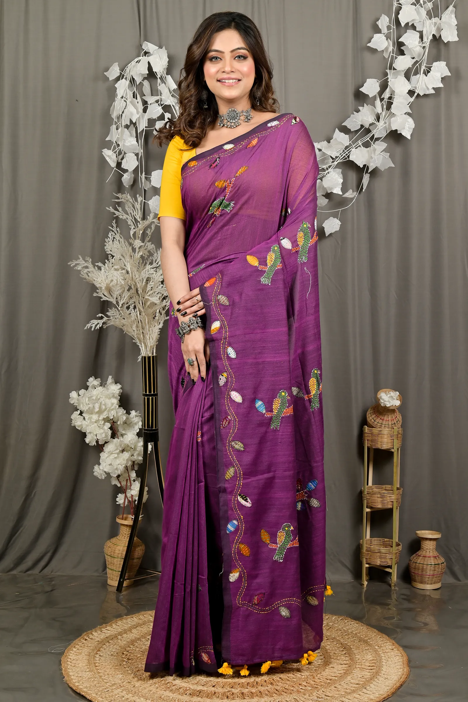 DipDiya Pure Cotton Orchid Purple Pakhi Heritage Elegance Kantha Stitch Sarees