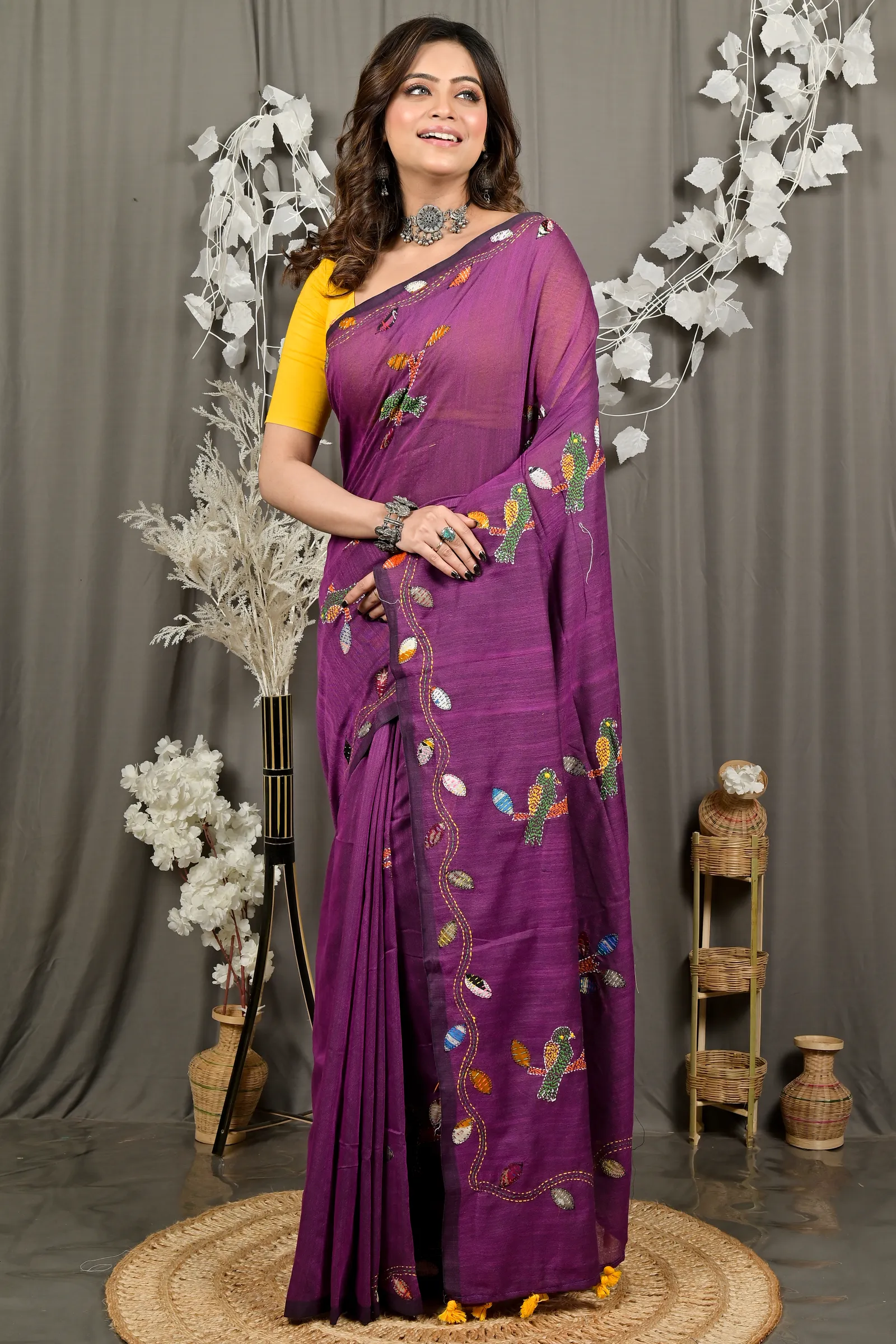 DipDiya Pure Cotton Orchid Purple Pakhi Heritage Elegance Kantha Stitch Sarees