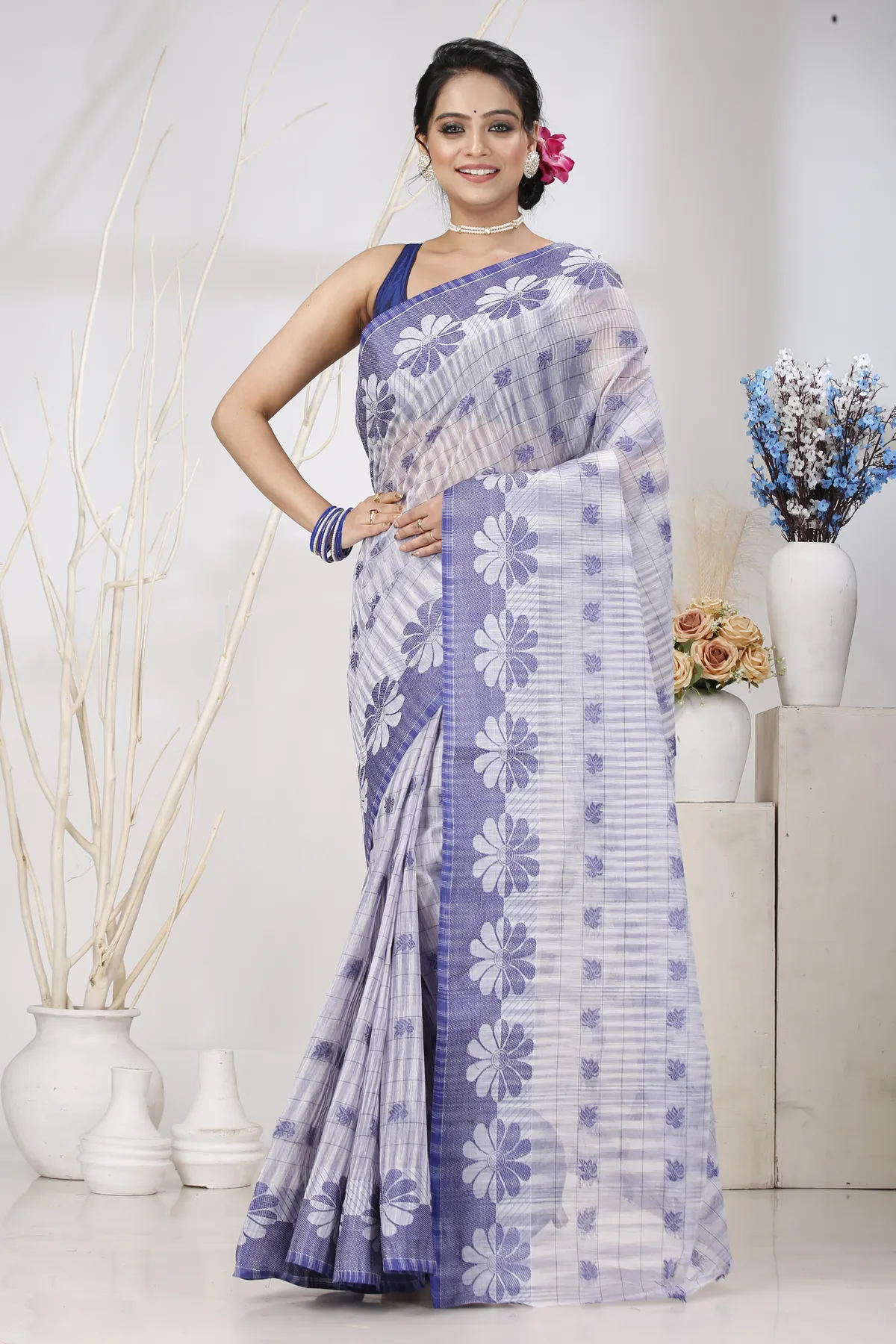 DipDiya Pure Cotton Parpel Blue KotkiTat Crafted with Soul Tant Sarees