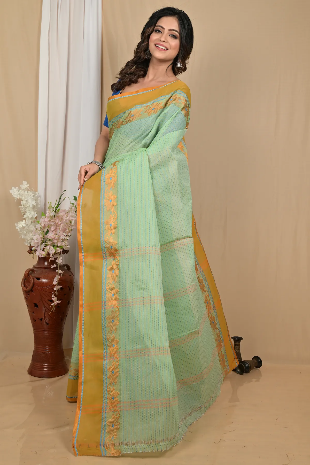DipDiya Pure Cotton Pastel Green Achpan Heritage You Can Wear Tant Sarees