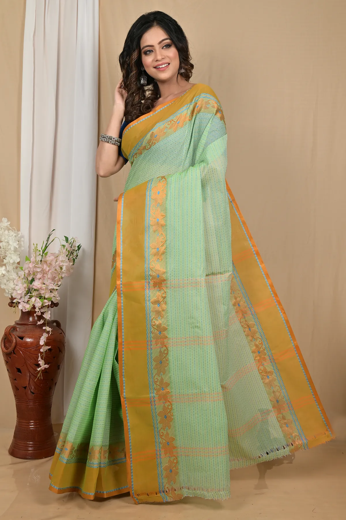 DipDiya Pure Cotton Pastel Green Achpan Heritage You Can Wear Tant Sarees