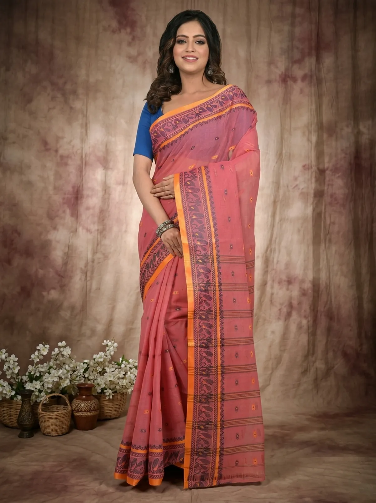 DipDiya Pure Cotton Peach Achlin Classic Grace Tant Sarees