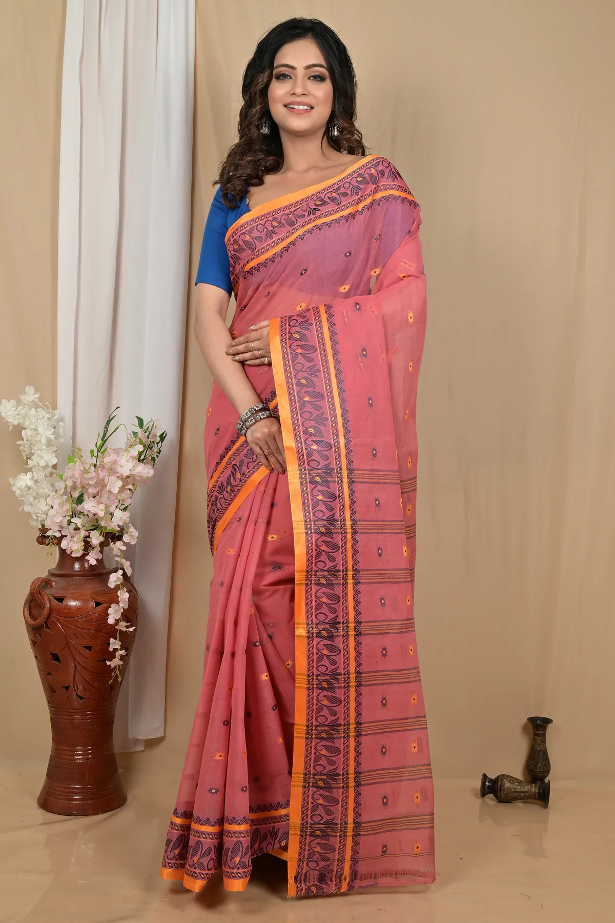 DipDiya Pure Cotton Peach Achlin Classic Grace Tant Sarees