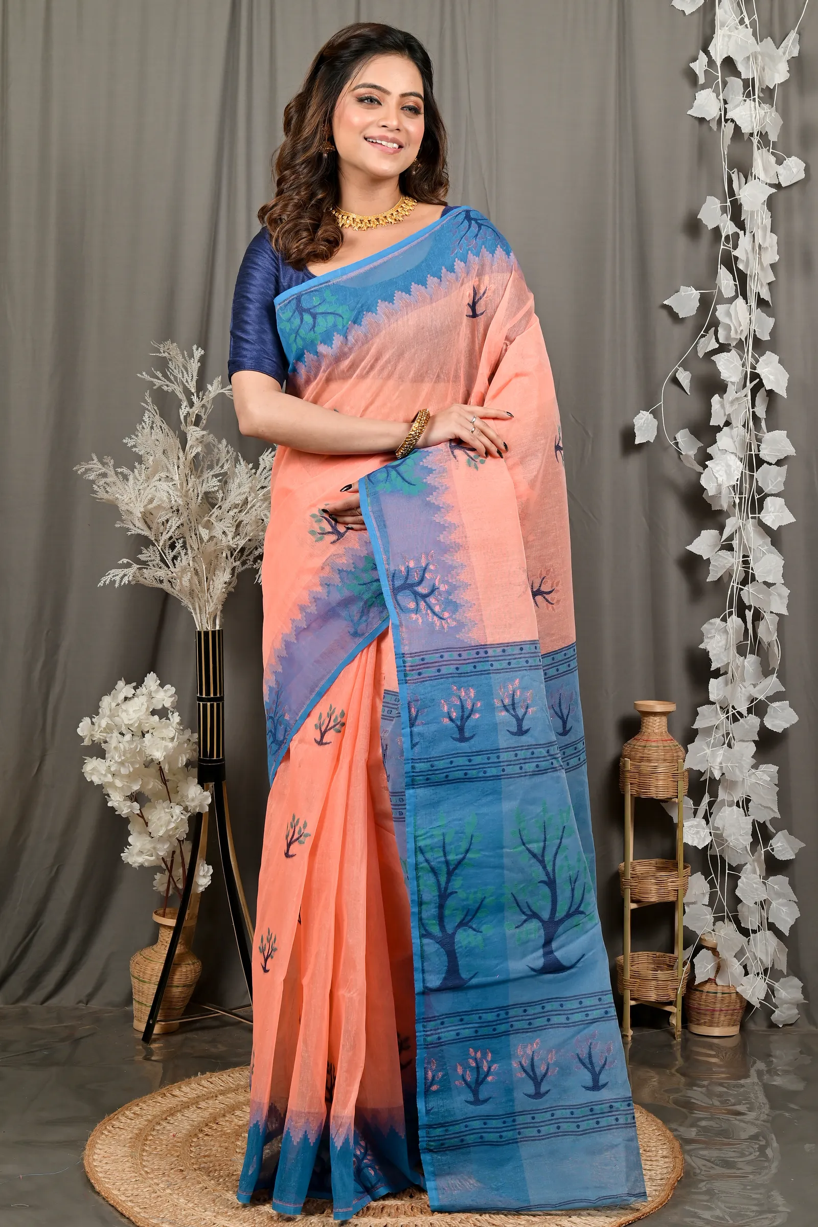 DipDiya Pure Cotton Peach Blue Fevai Heritage Elegance Jamdani Sarees