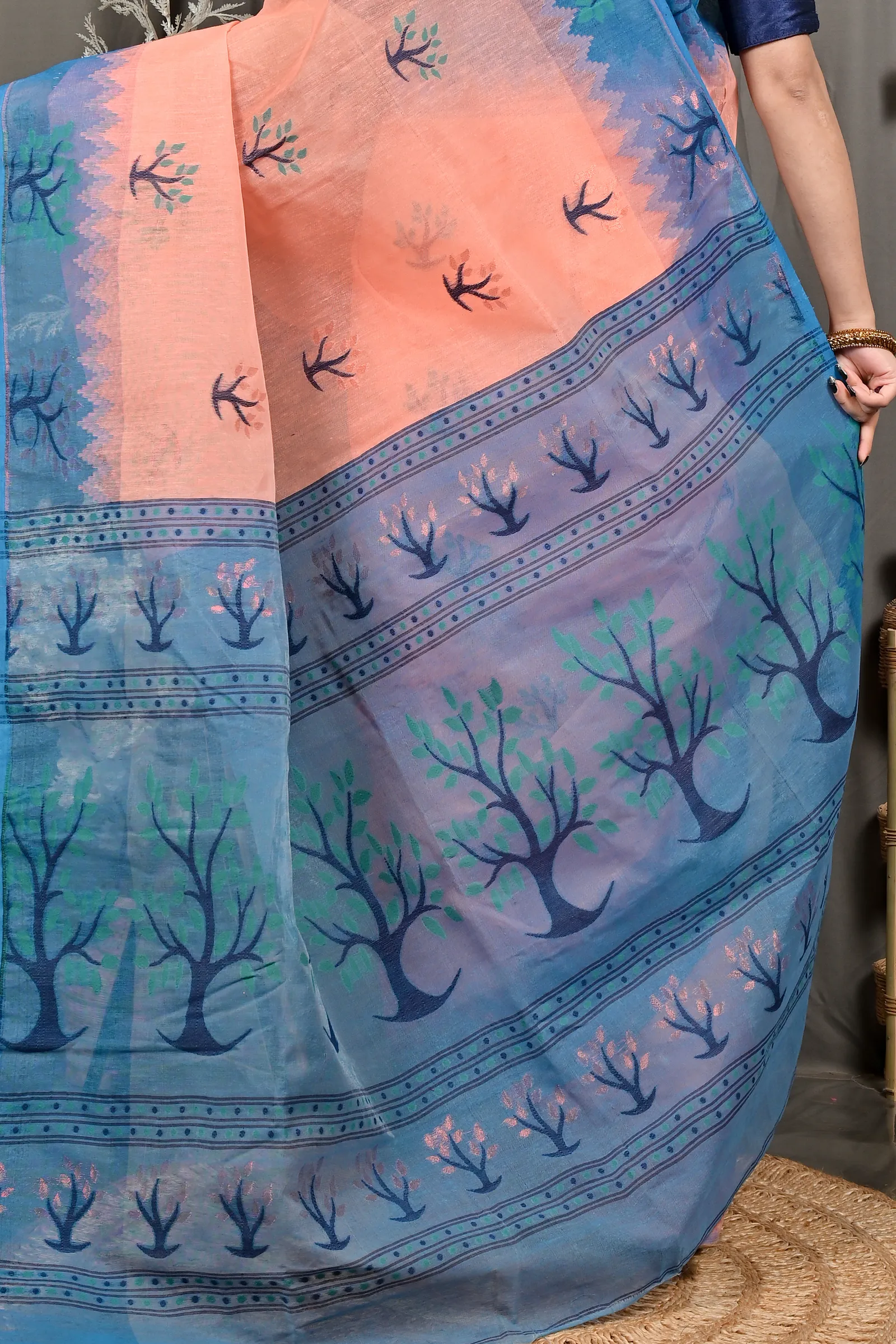 DipDiya Pure Cotton Peach Blue Fevai Heritage Elegance Jamdani Sarees