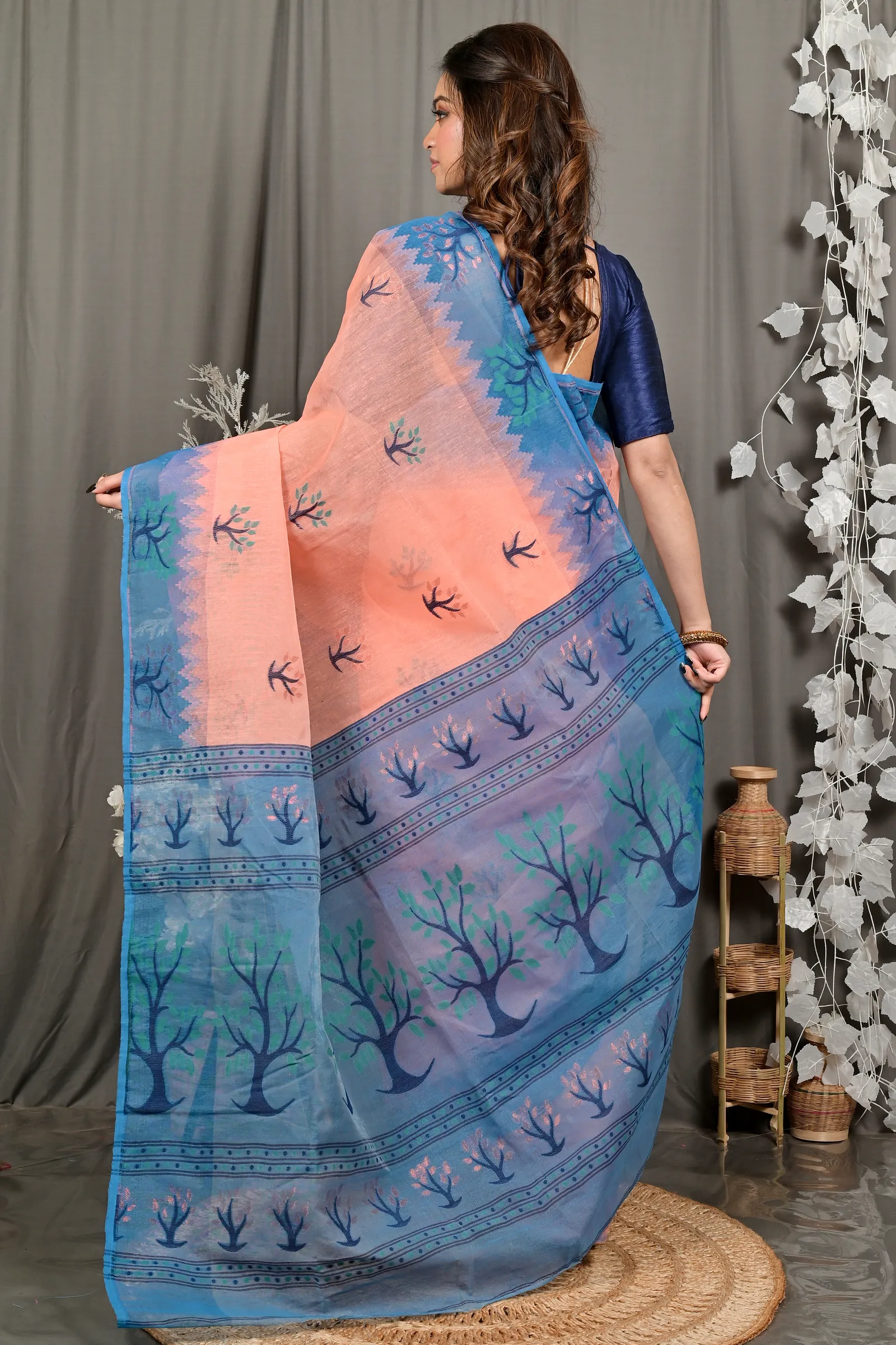 DipDiya Pure Cotton Peach Blue Fevai Heritage Elegance Jamdani Sarees