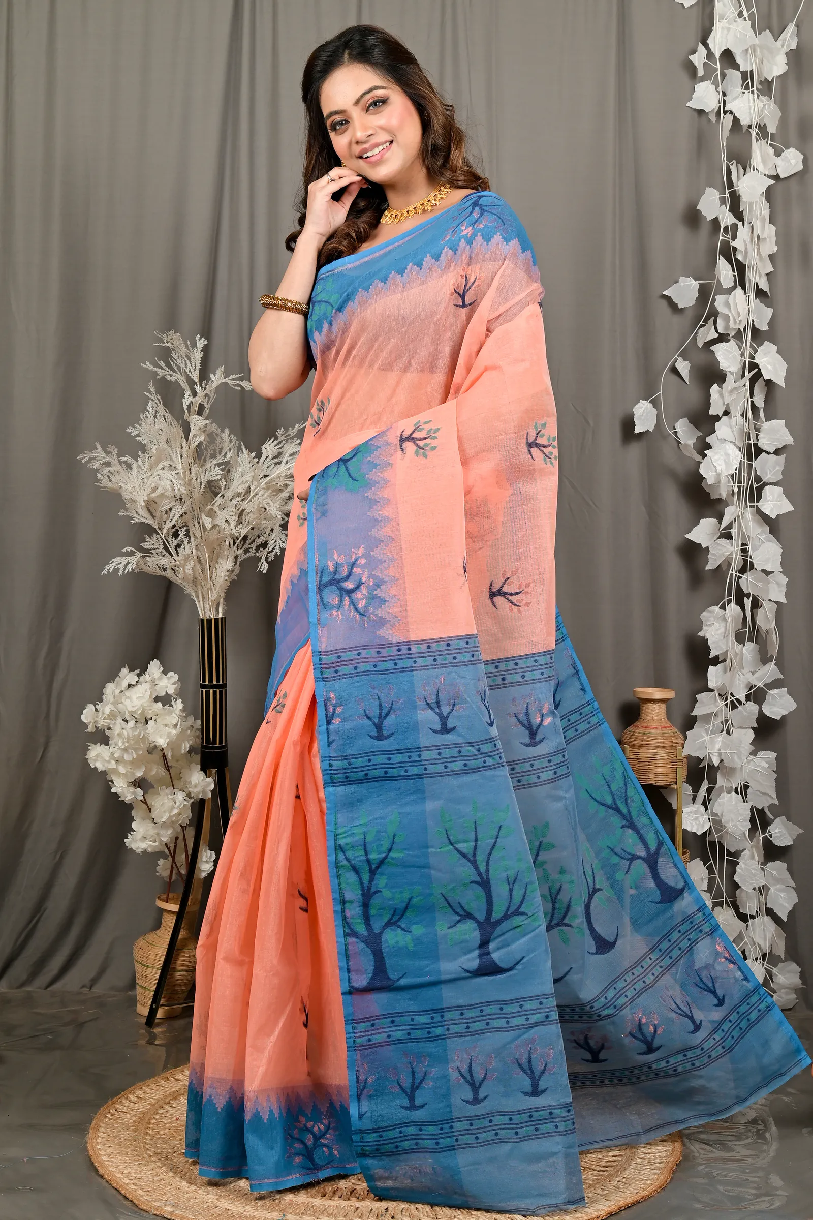 DipDiya Pure Cotton Peach Blue Fevai Heritage Elegance Jamdani Sarees