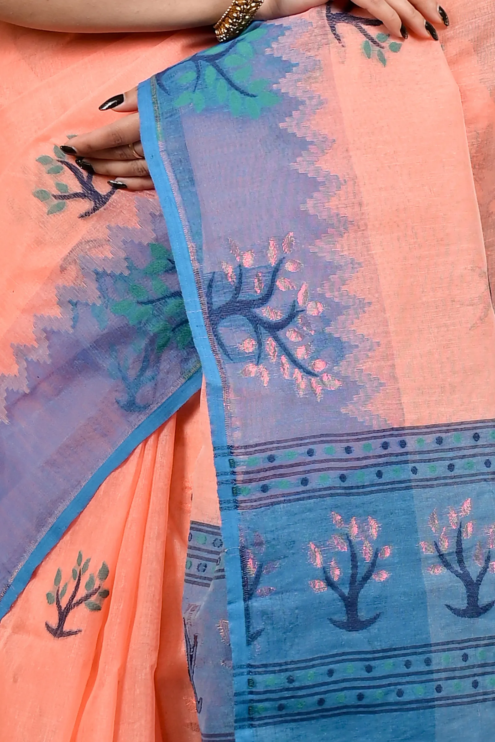 DipDiya Pure Cotton Peach Blue Fevai Heritage Elegance Jamdani Sarees