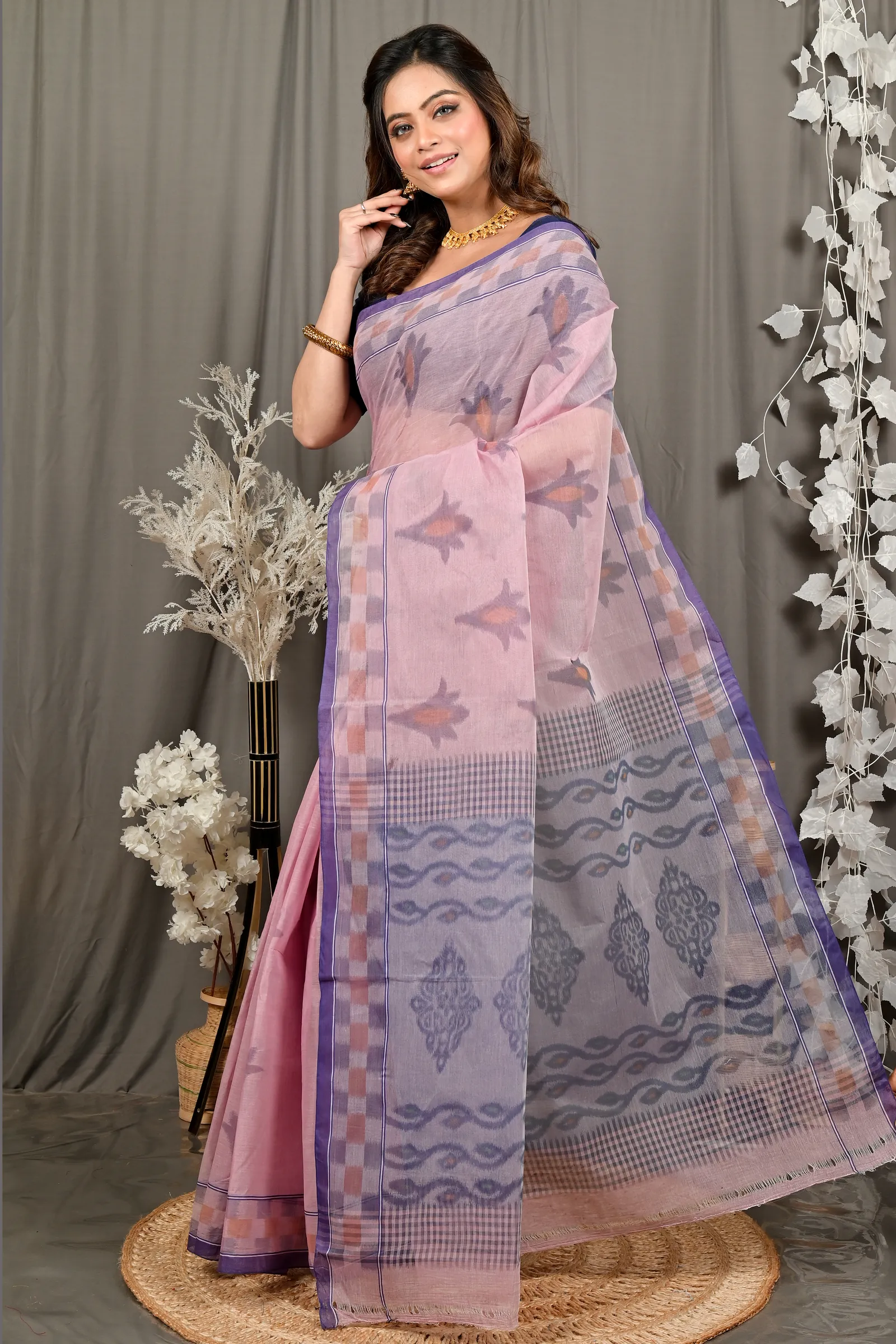 DipDiya Pure Cotton Peach Devai Heritage Elegance Printed Tant Sarees