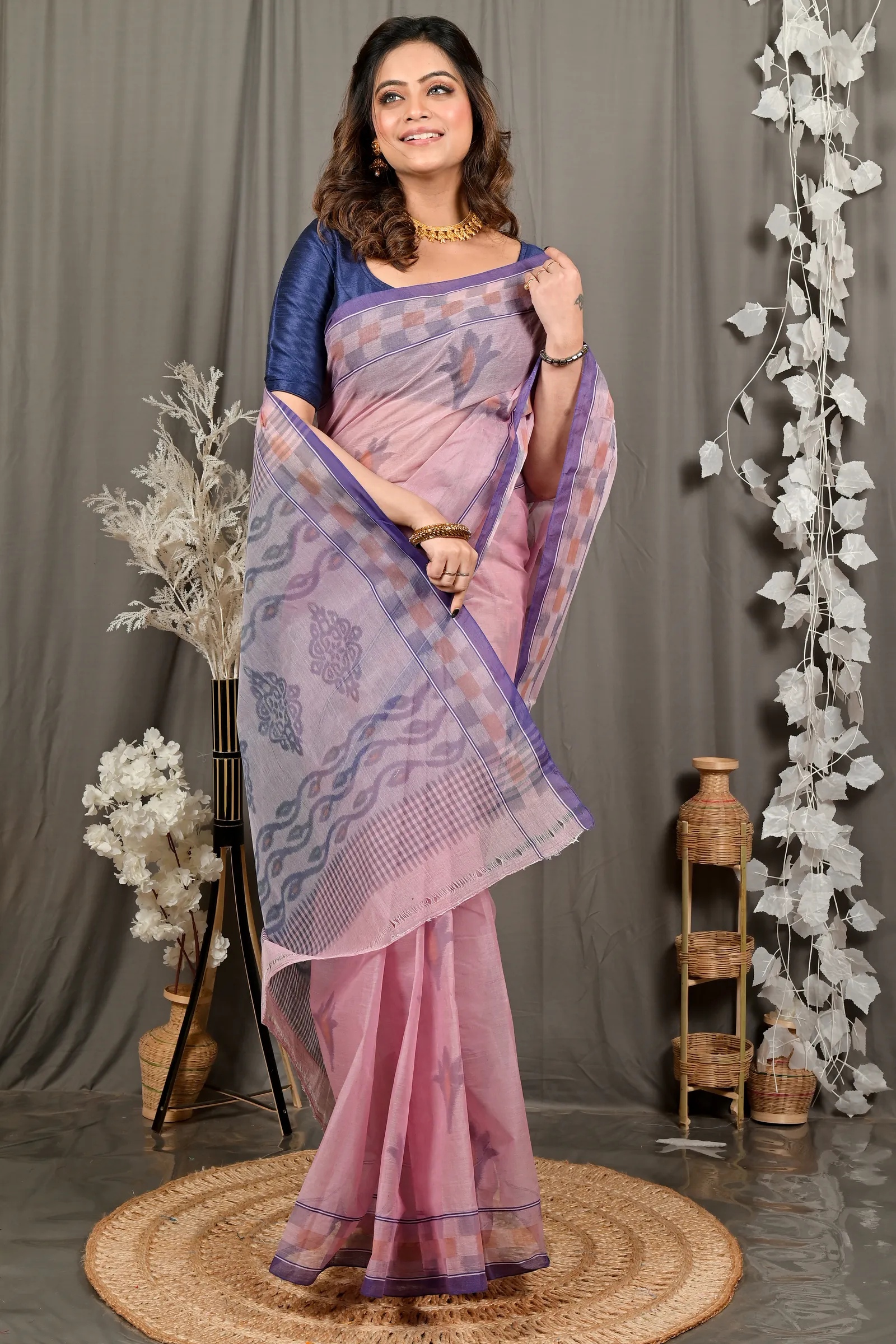 DipDiya Pure Cotton Peach Devai Heritage Elegance Printed Tant Sarees
