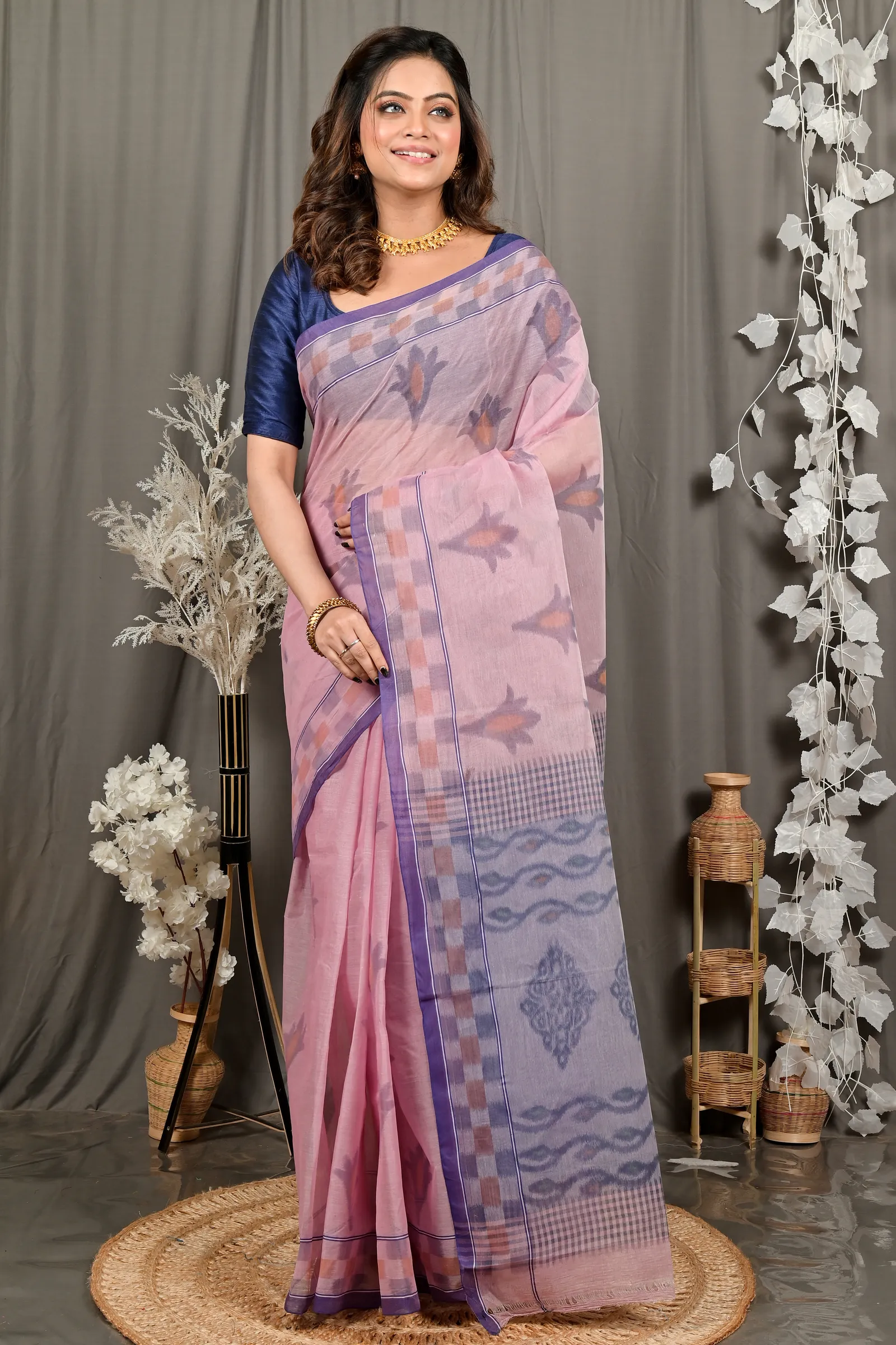 DipDiya Pure Cotton Peach Devai Heritage Elegance Printed Tant Sarees