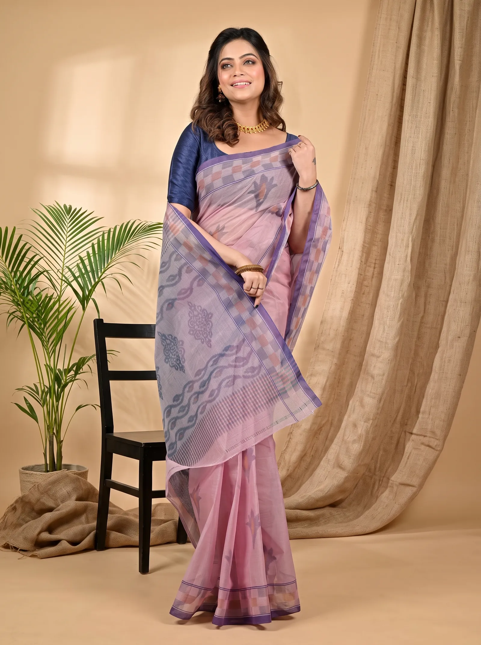 DipDiya Pure Cotton Peach Devai Heritage Elegance Printed Tant Sarees