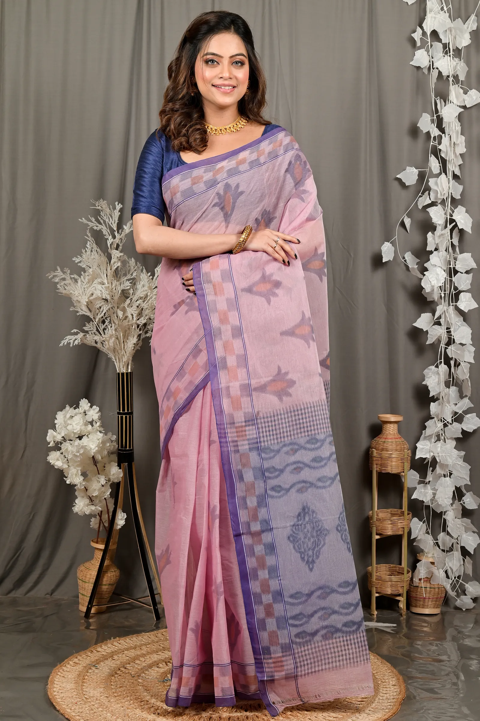 DipDiya Pure Cotton Peach Devai Heritage Elegance Printed Tant Sarees