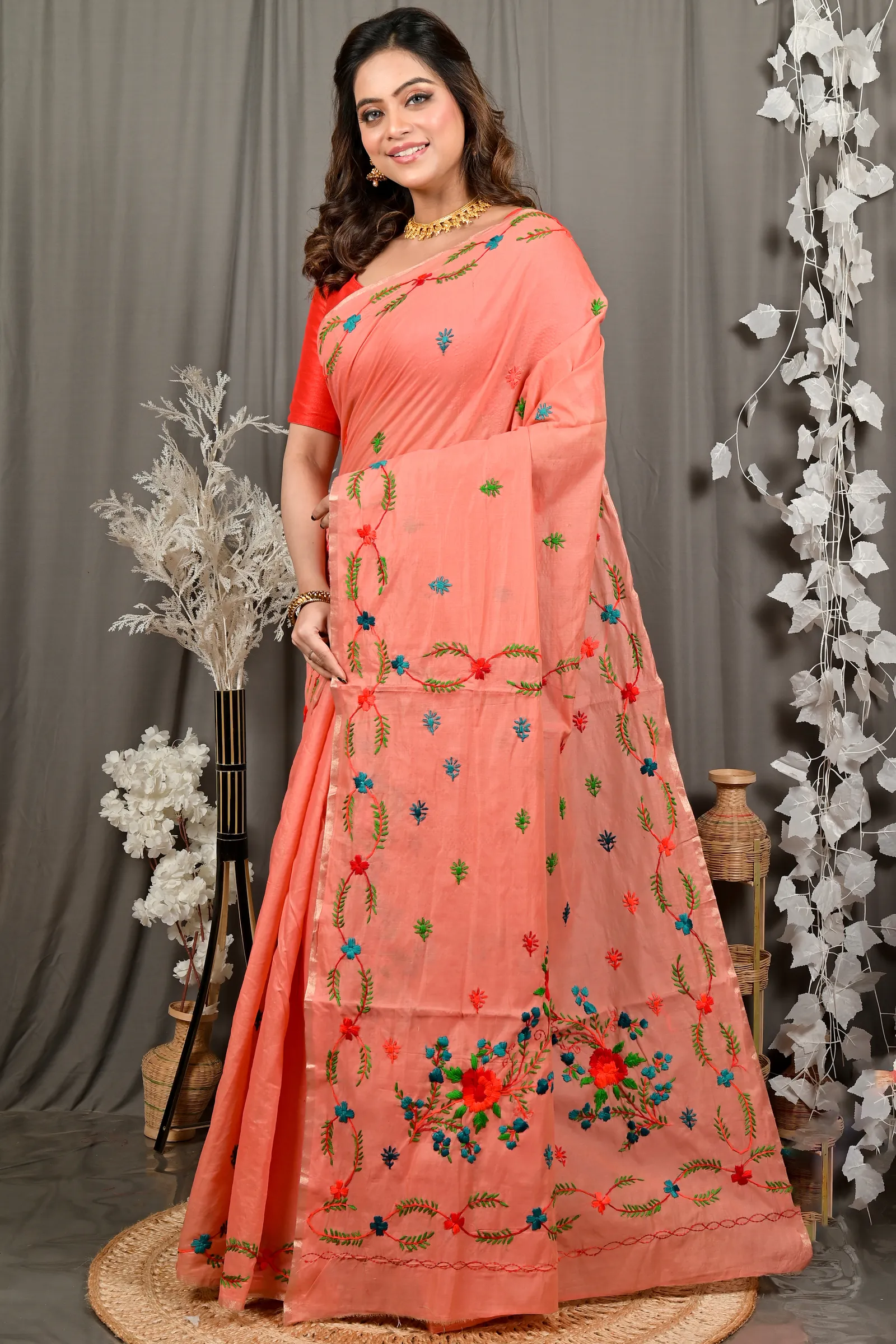 DipDiya Pure Cotton Peach Devui Regal Bengali Kantha Stitch Sarees