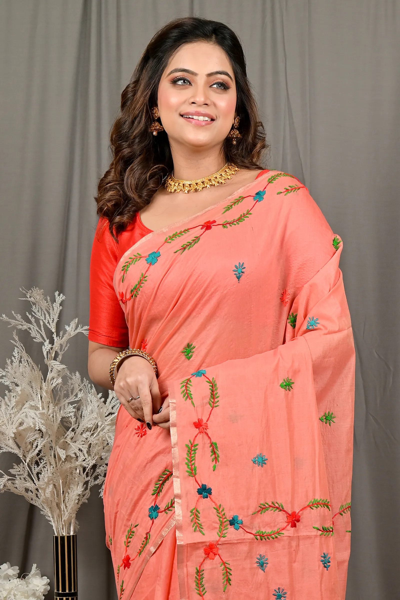 DipDiya Pure Cotton Peach Devui Regal Bengali Kantha Stitch Sarees