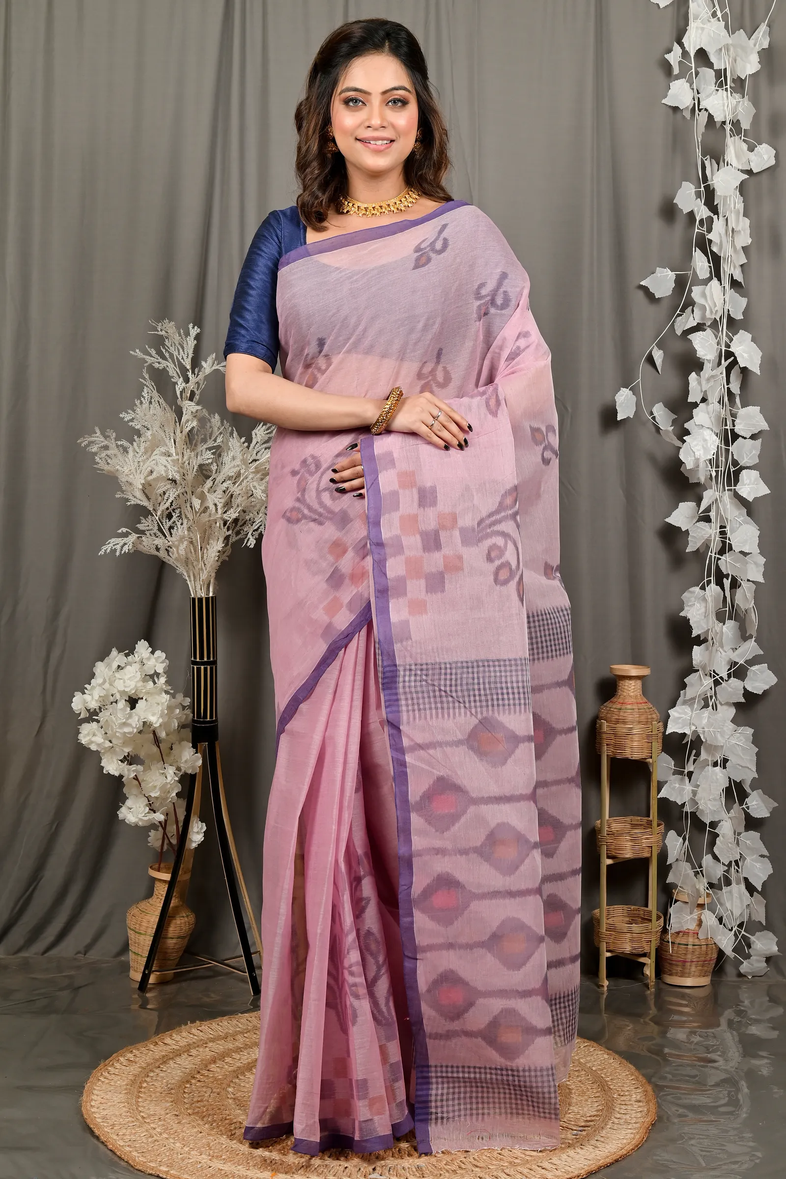 DipDiya Pure Cotton Peach Dipui The Bengali Classic Printed Tant Sarees