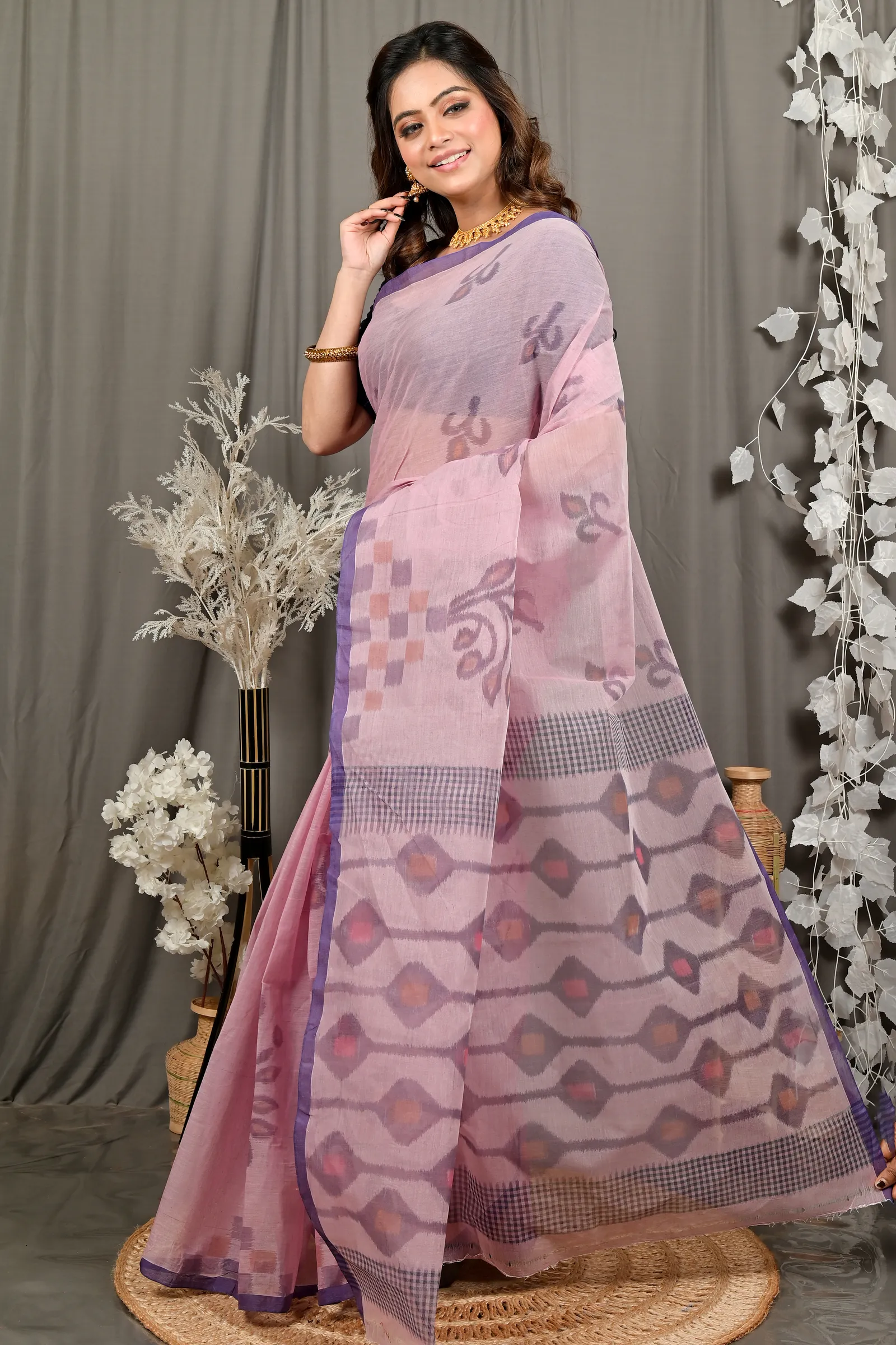 DipDiya Pure Cotton Peach Dipui The Bengali Classic Printed Tant Sarees