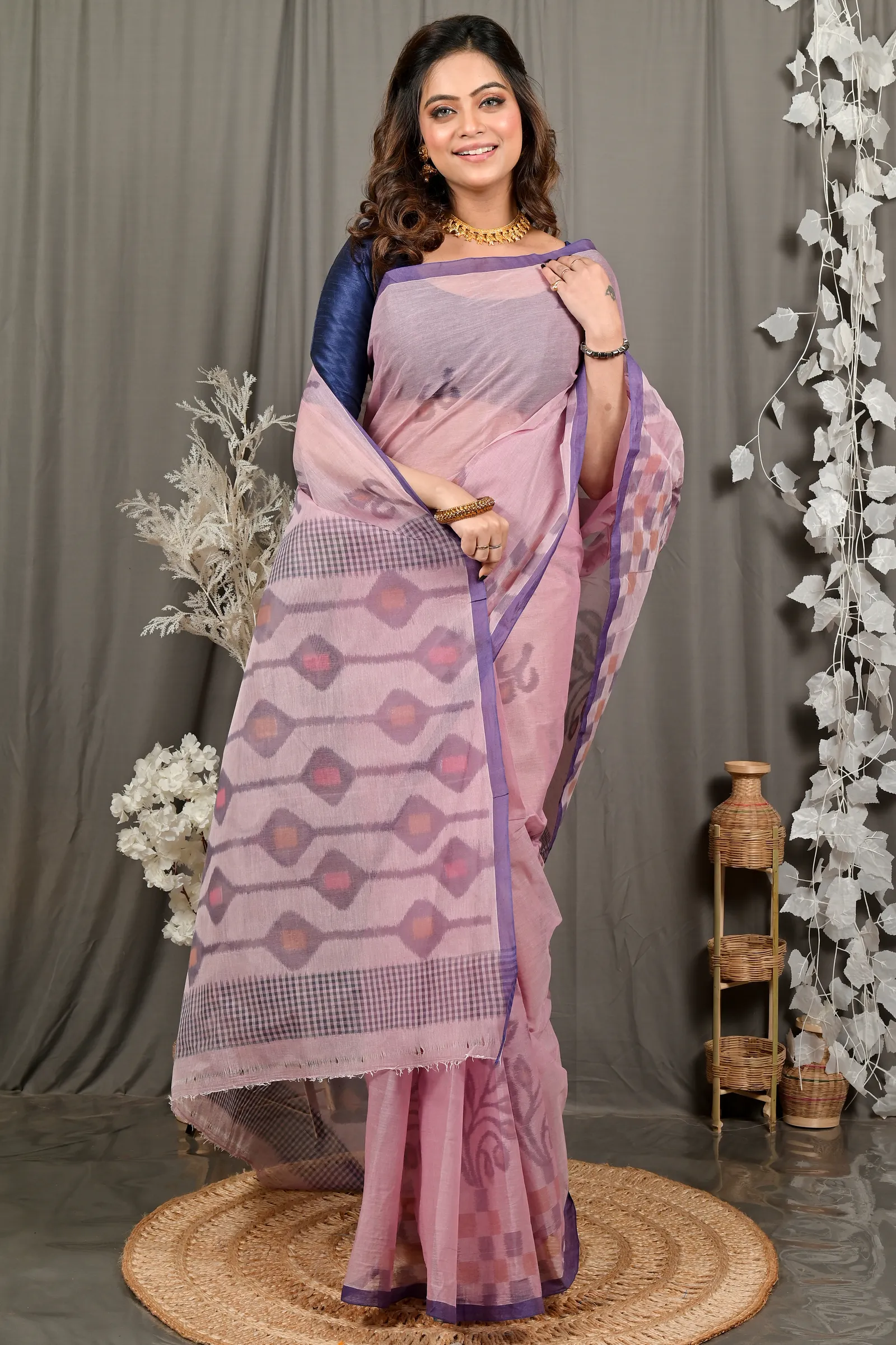 DipDiya Pure Cotton Peach Dipui The Bengali Classic Printed Tant Sarees