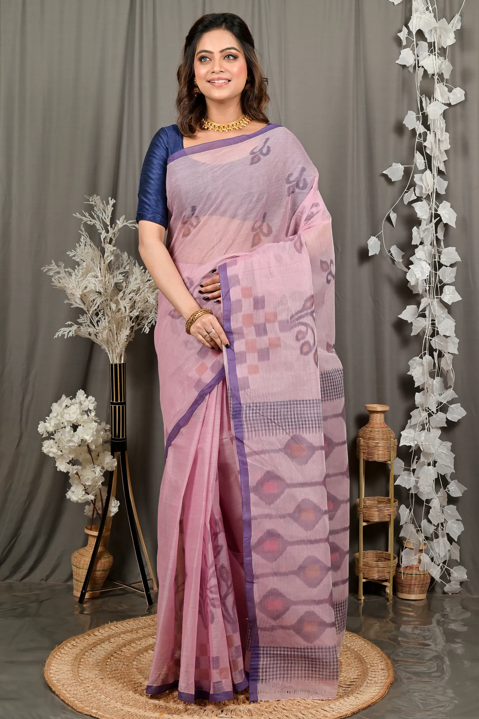 DipDiya Pure Cotton Peach Dipui The Bengali Classic Printed Tant Sarees