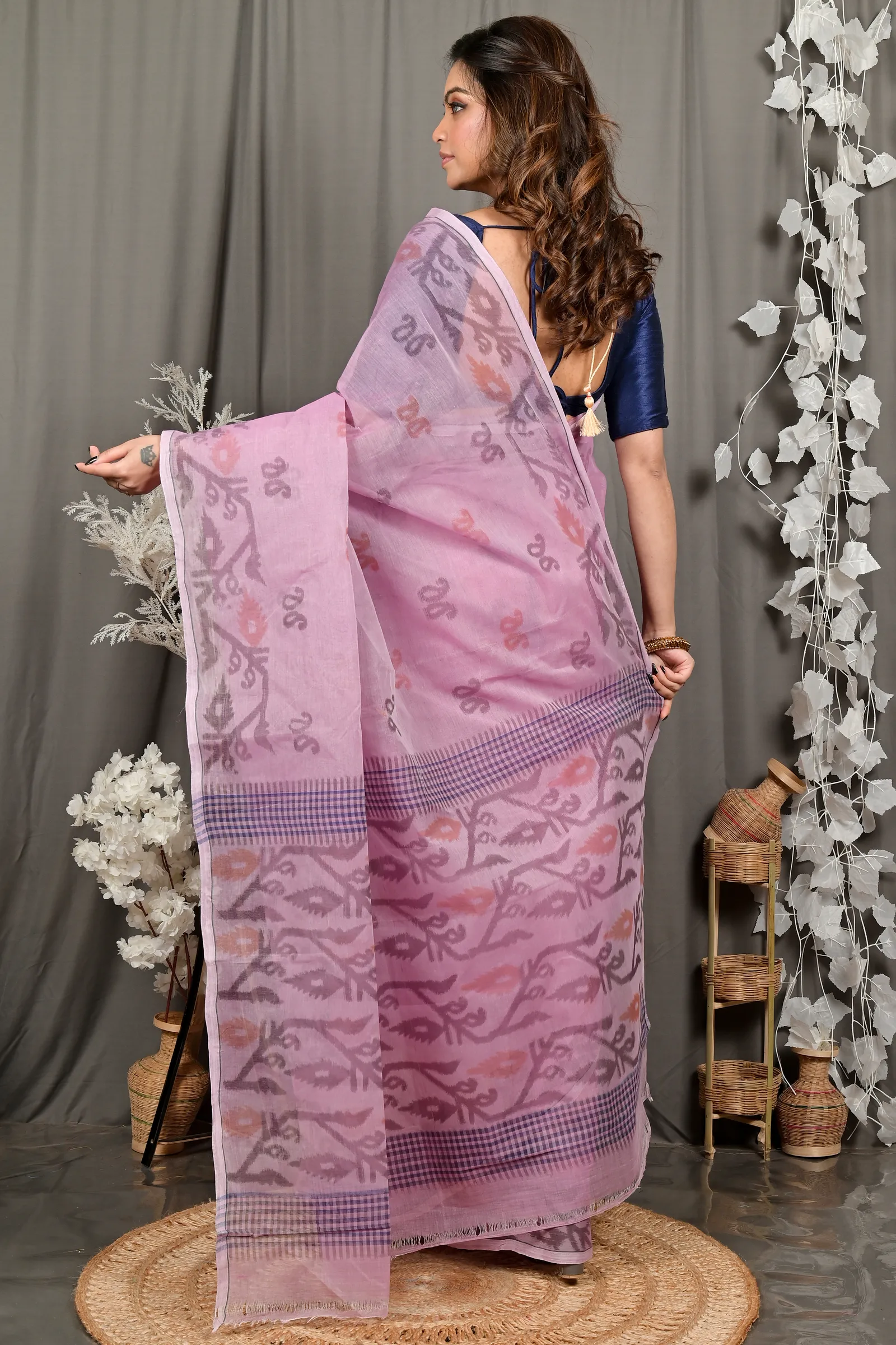 DipDiya Pure Cotton Peach Divani Woven with Tradition Printed Tant Sarees