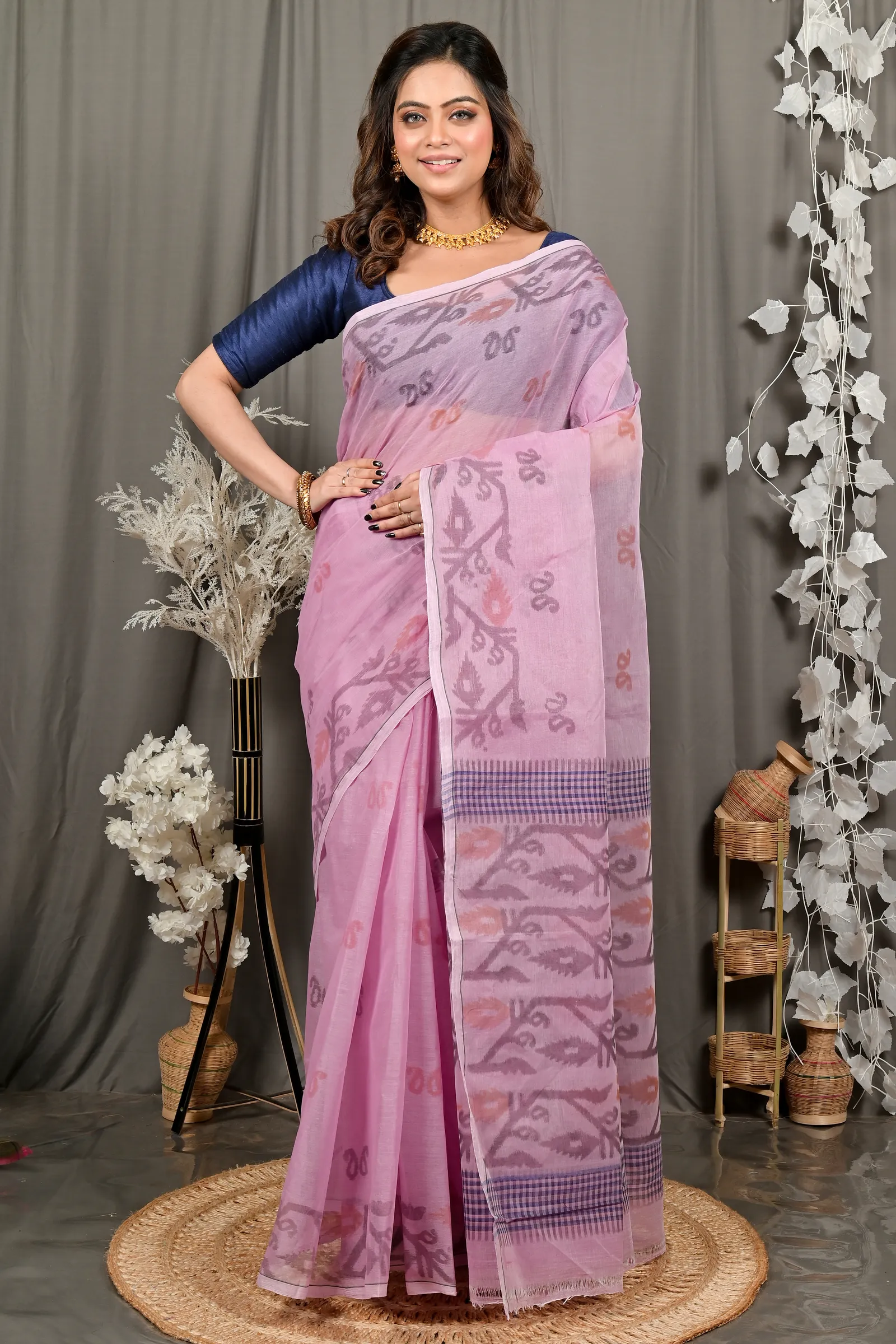 DipDiya Pure Cotton Peach Divani Woven with Tradition Printed Tant Sarees