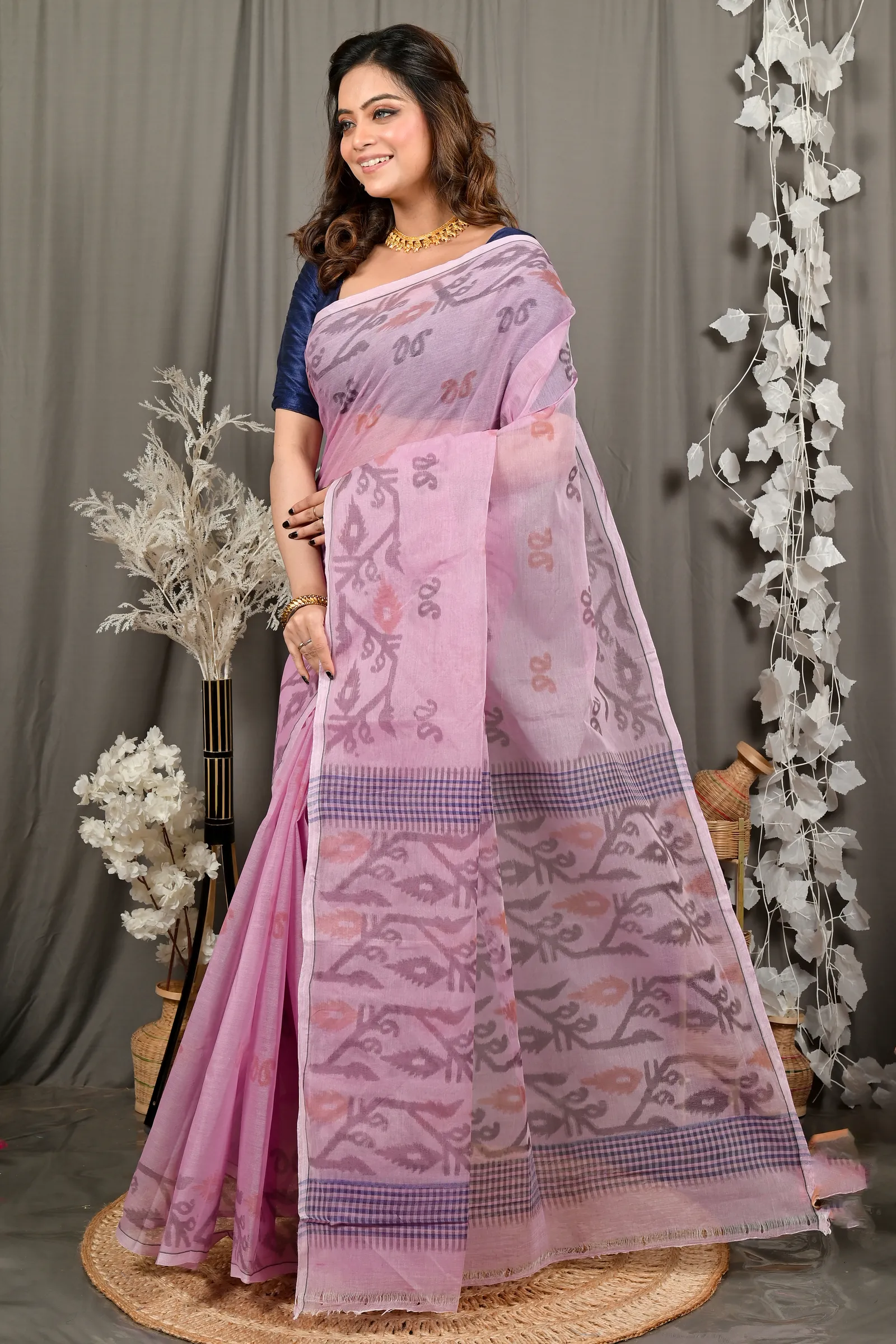 DipDiya Pure Cotton Peach Divani Woven with Tradition Printed Tant Sarees