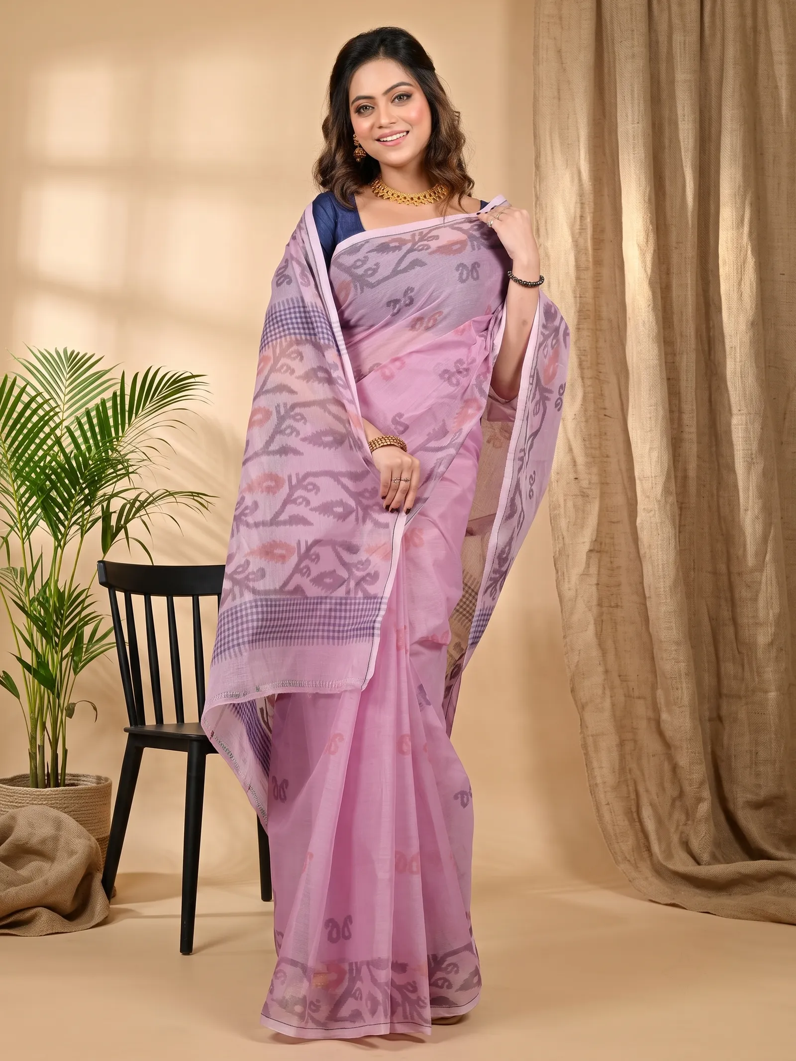 DipDiya Pure Cotton Peach Divani Woven with Tradition Printed Tant Sarees