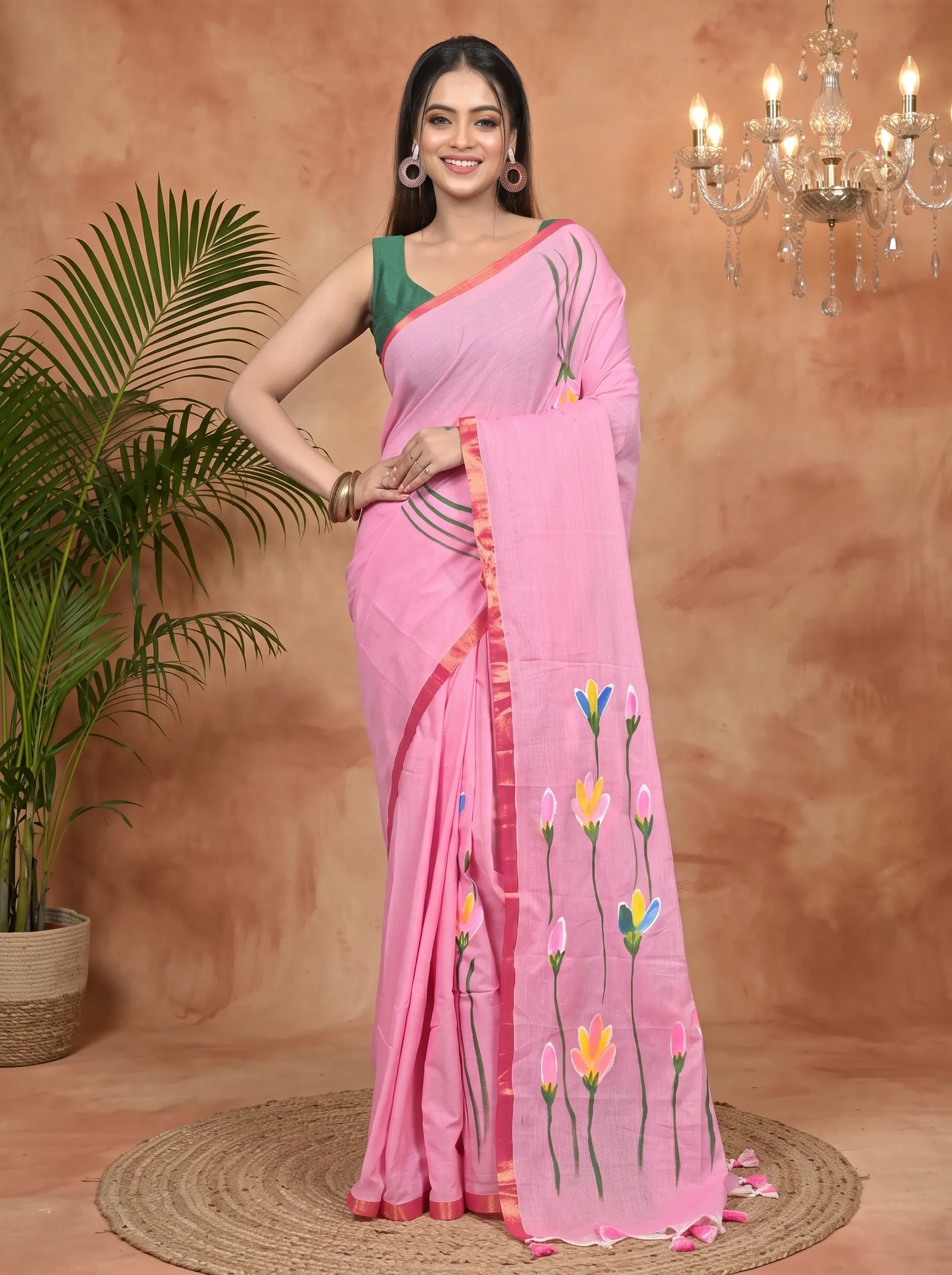 DipDiya Pure Cotton Peach Norah Crafted in Bengal Hand Painted Sarees